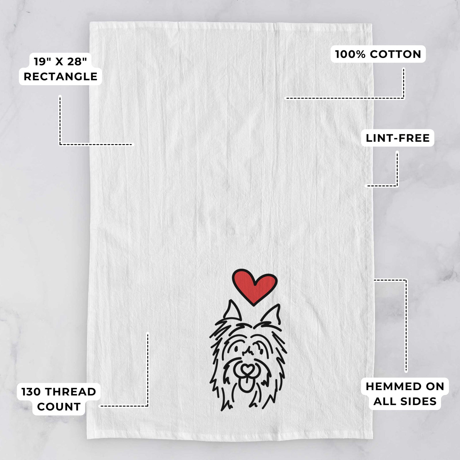 Minimalist line drawing of Monty the Silky Terrier with a red heart on a tea towel, with feature callouts: 19 x 28 inch rectangle, 100% cotton, lint-free, 120 thread count, hemmed on all sides
