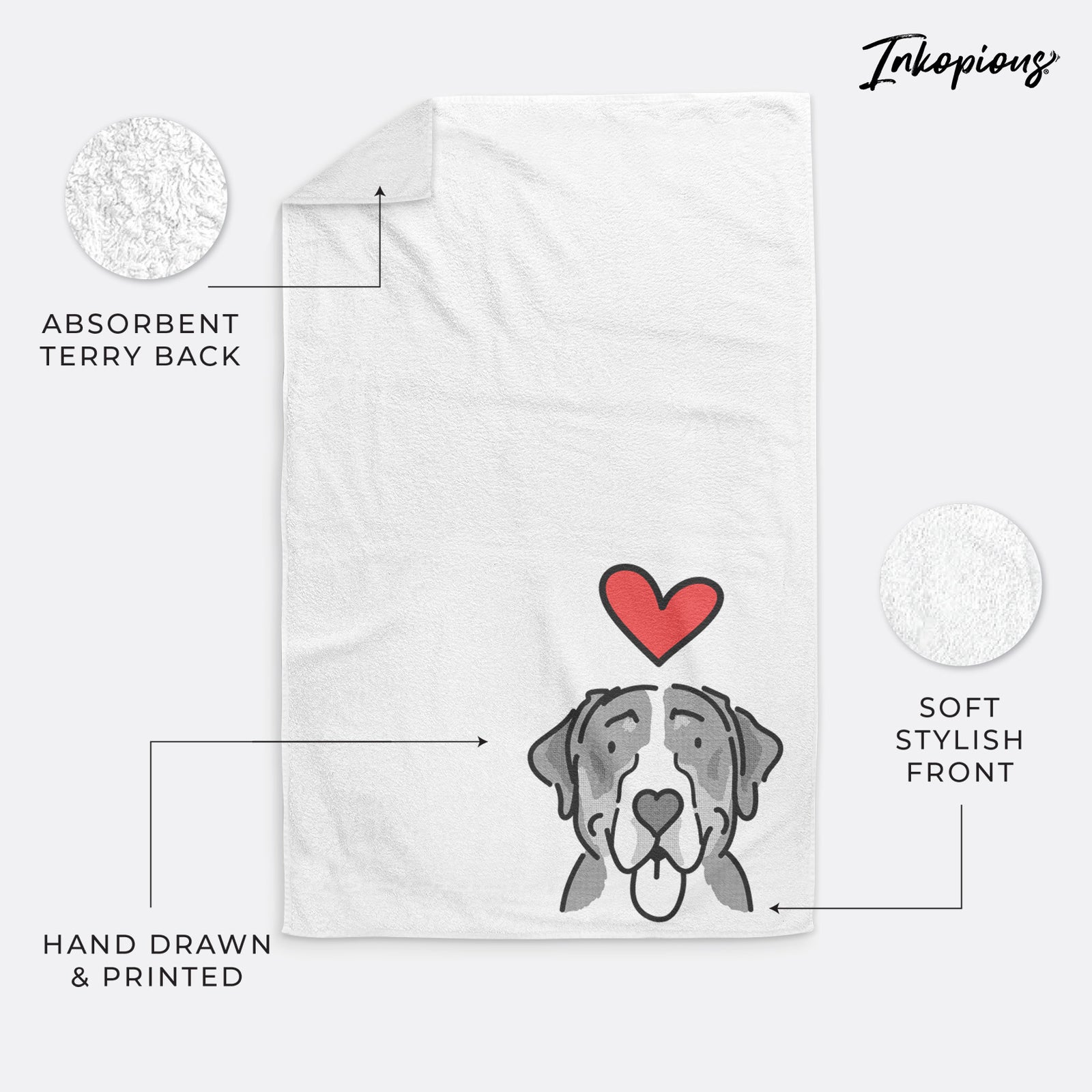 Minimalist line drawing of Moose the Greater Swiss Mountain Dog with a red heart on a hand towel