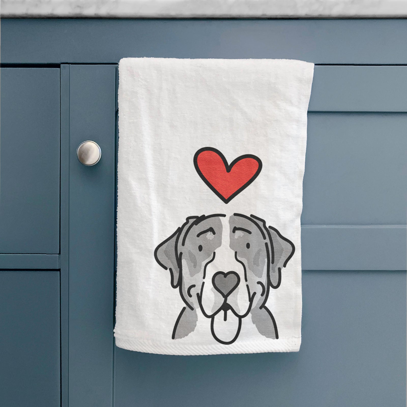 Minimalist line drawing of Moose the Greater Swiss Mountain Dog with a red heart on a hand towel
