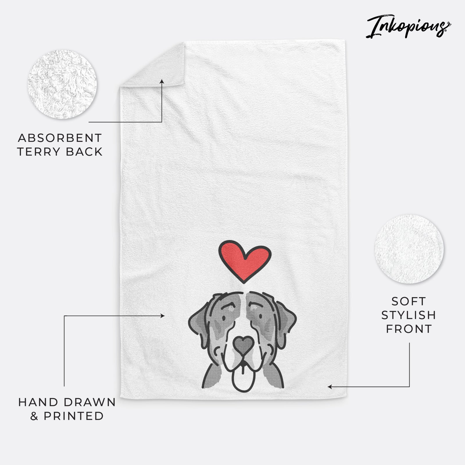 Minimalist line drawing of Moose the Greater Swiss Mountain Dog with a red heart on a hand towel