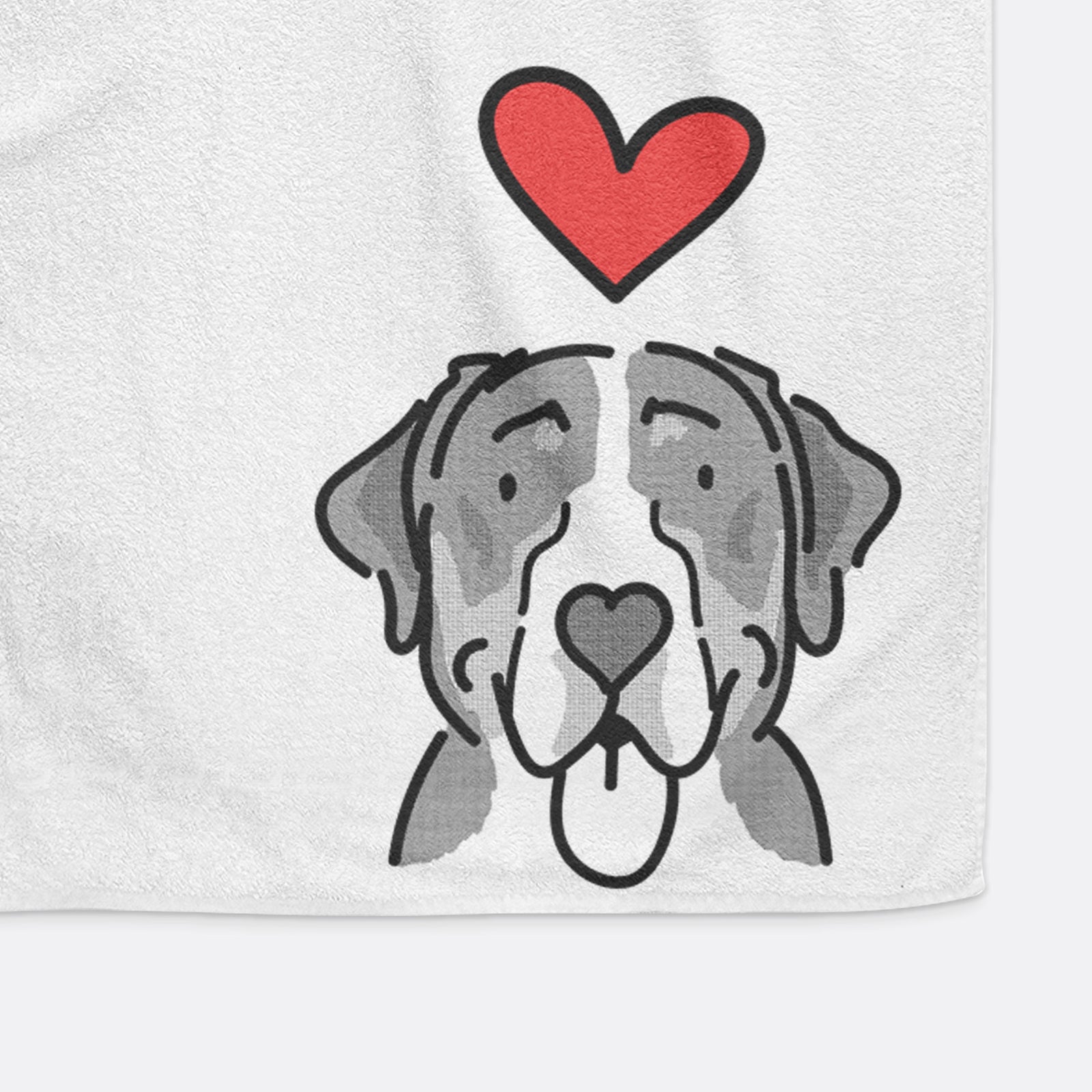 Minimalist line drawing of Moose the Greater Swiss Mountain Dog with a red heart on a hand towel