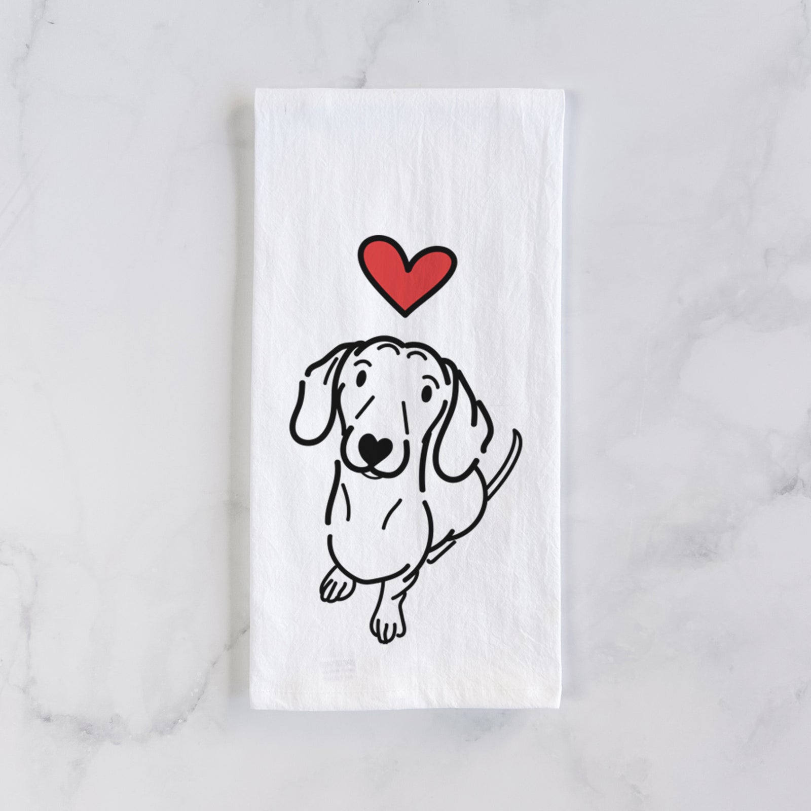 Minimalist line drawing of Moxie the Dachshund with a red heart on a tea towel