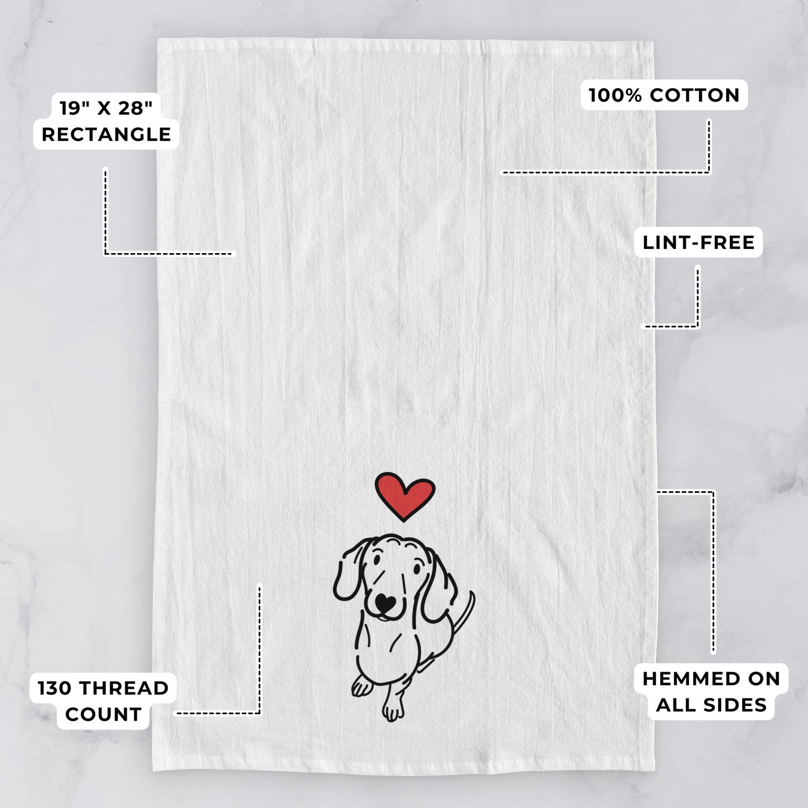 Minimalist line drawing of Moxie the Dachshund with a red heart on a tea towel, with feature callouts: 19 x 28 inch rectangle, 100% cotton, lint-free, 120 thread count, hemmed on all sides