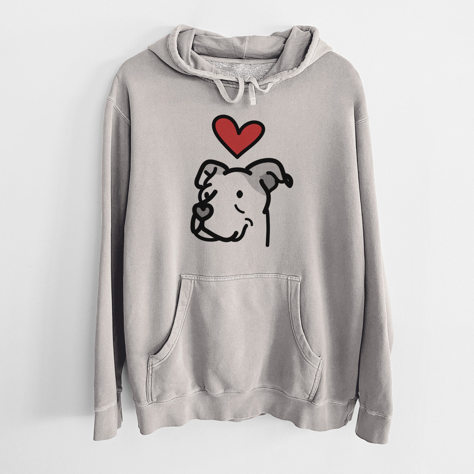 Minimalist line drawing of Mr. Sir the Pitbull Mix with a red heart on a Cement Unisex pigment dyed hoodie