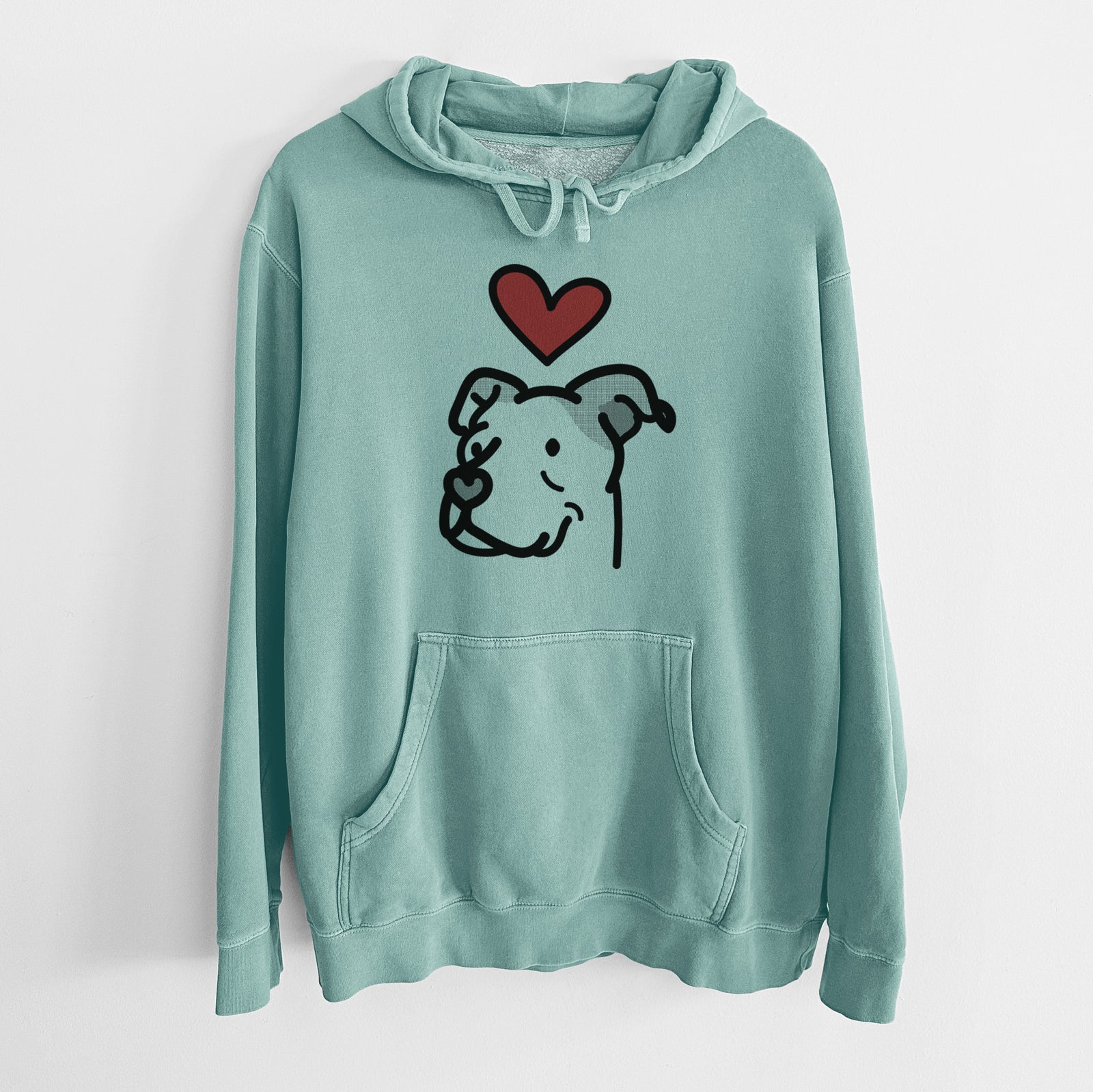 Minimalist line drawing of Mr. Sir the Pitbull Mix with a red heart on a Mint Unisex pigment dyed hoodie