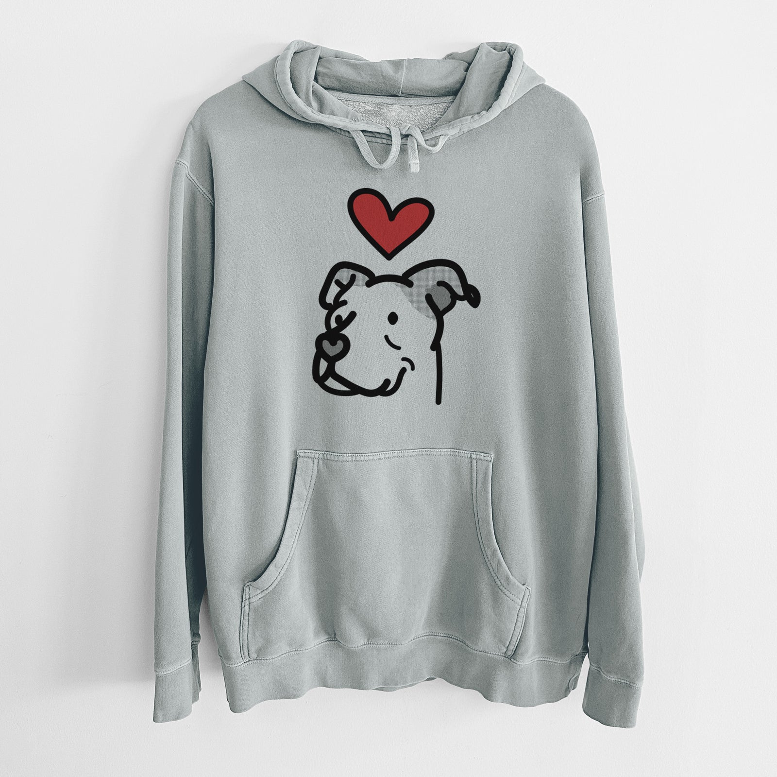 Minimalist line drawing of Mr. Sir the Pitbull Mix with a red heart on a Sage Unisex pigment dyed hoodie