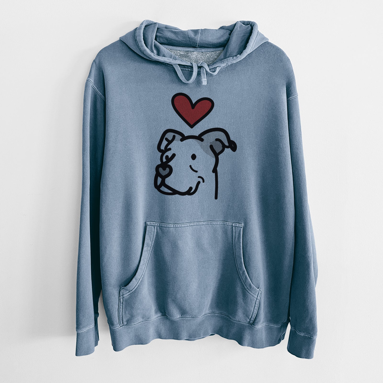 Minimalist line drawing of Mr. Sir the Pitbull Mix with a red heart on a Slate Blue Unisex pigment dyed hoodie