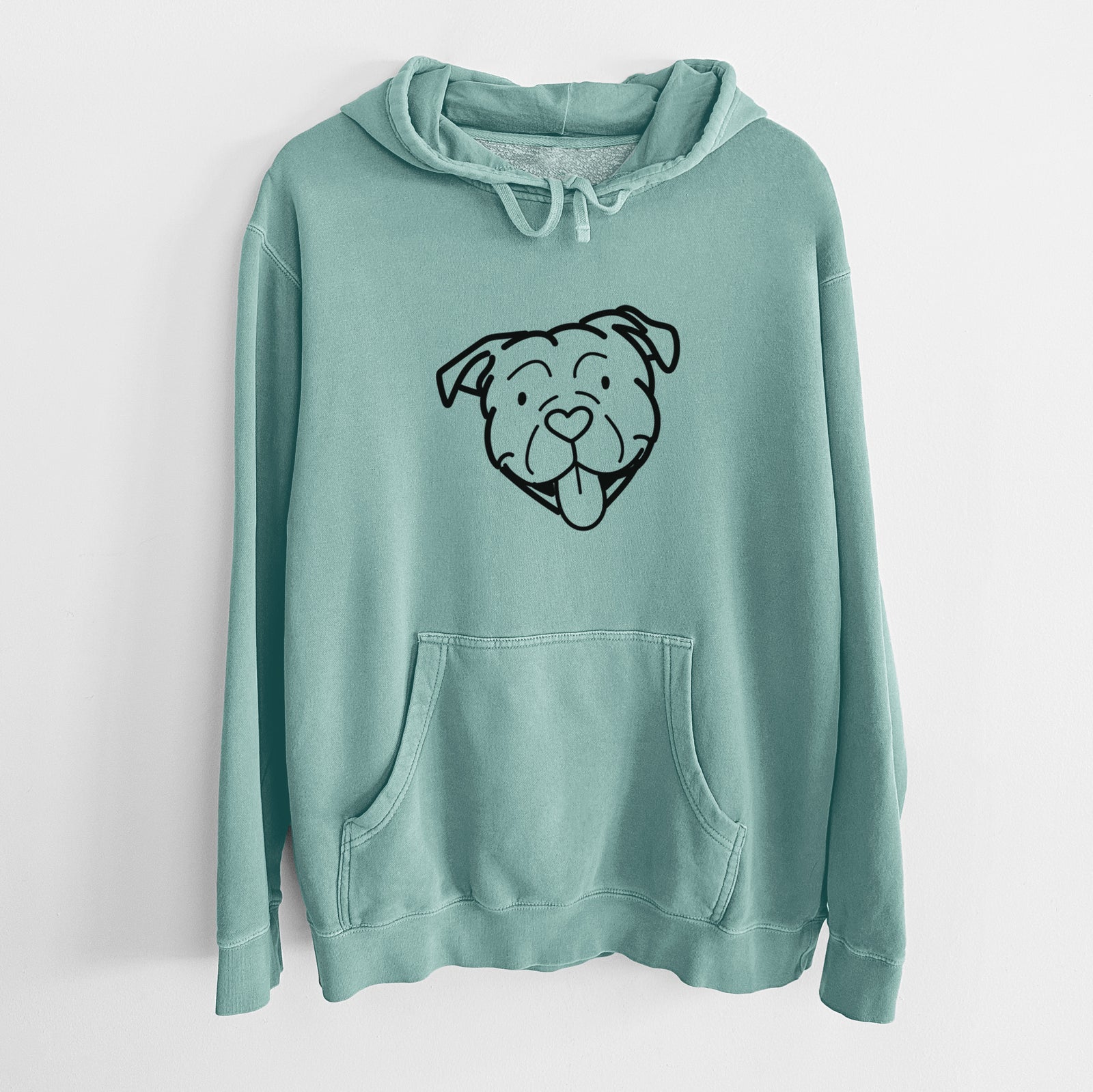 Minimalist line drawing of an American Bulldog on a Mint Unisex pigment dyed hoodie