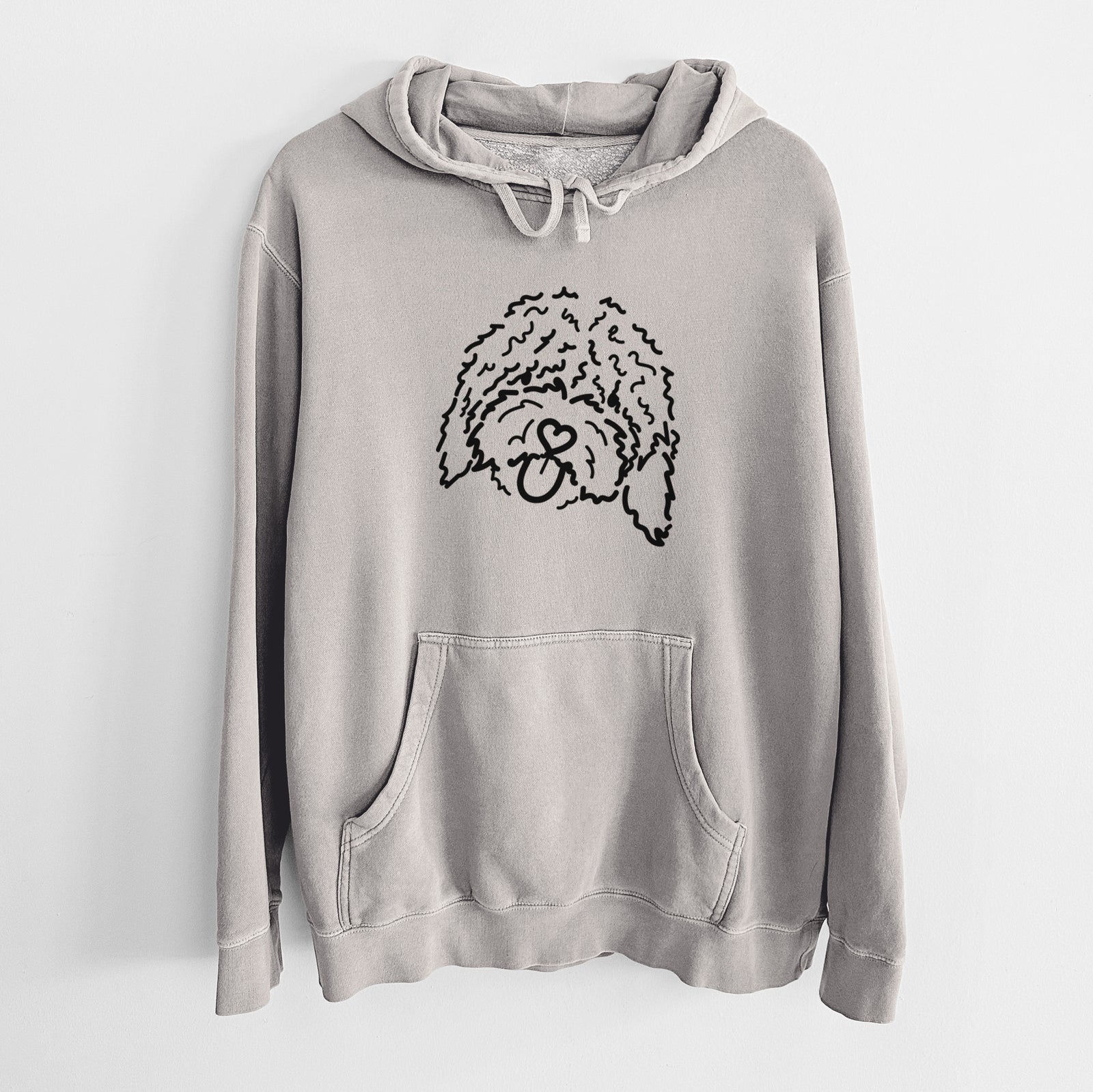 Minimalist line drawing of Antonio the Spanish Water Dog on a Cement Unisex pigment dyed hoodie