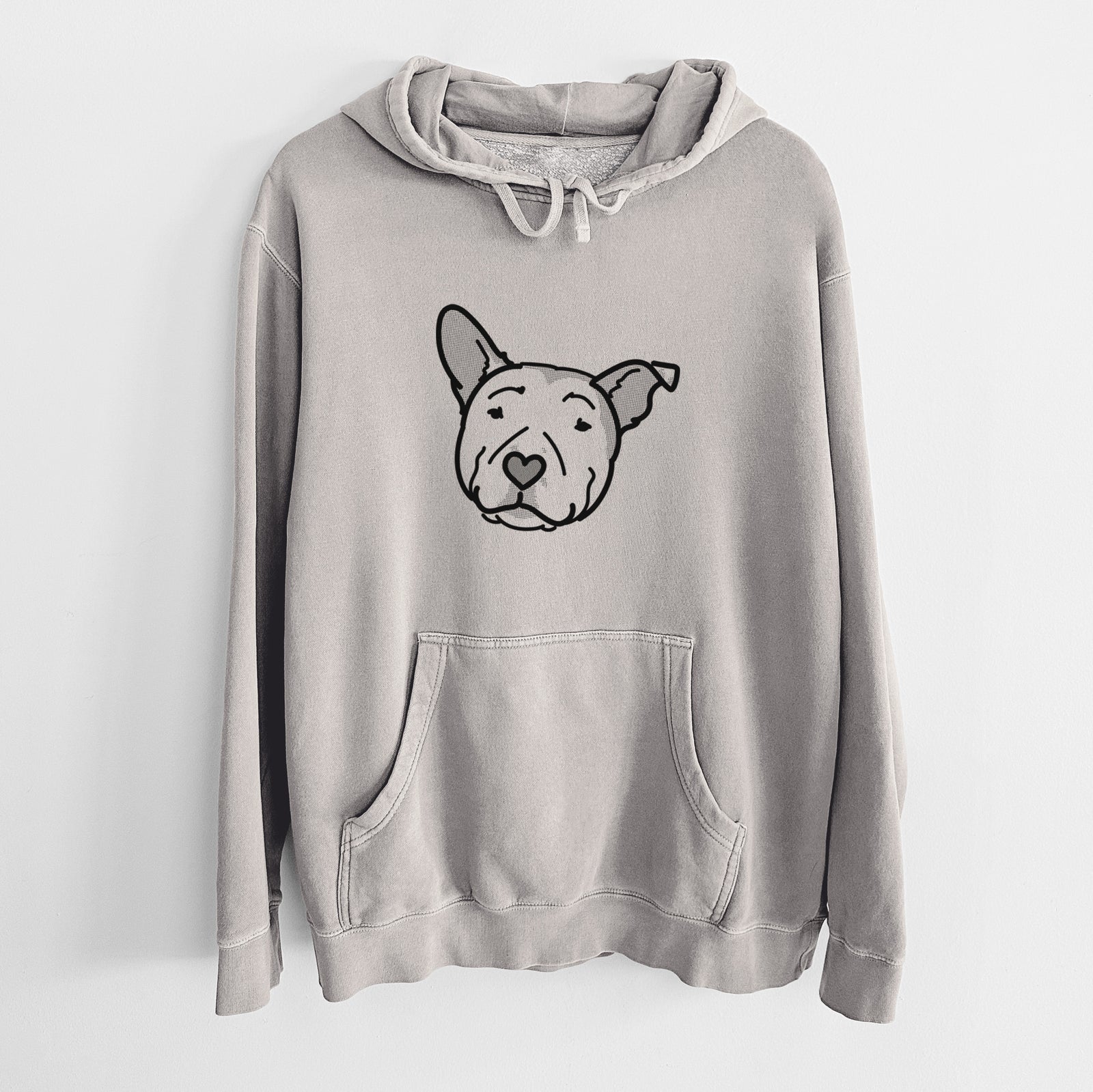 Minimalist line drawing of Archer the Pitbull on a Cement Unisex pigment dyed hoodie