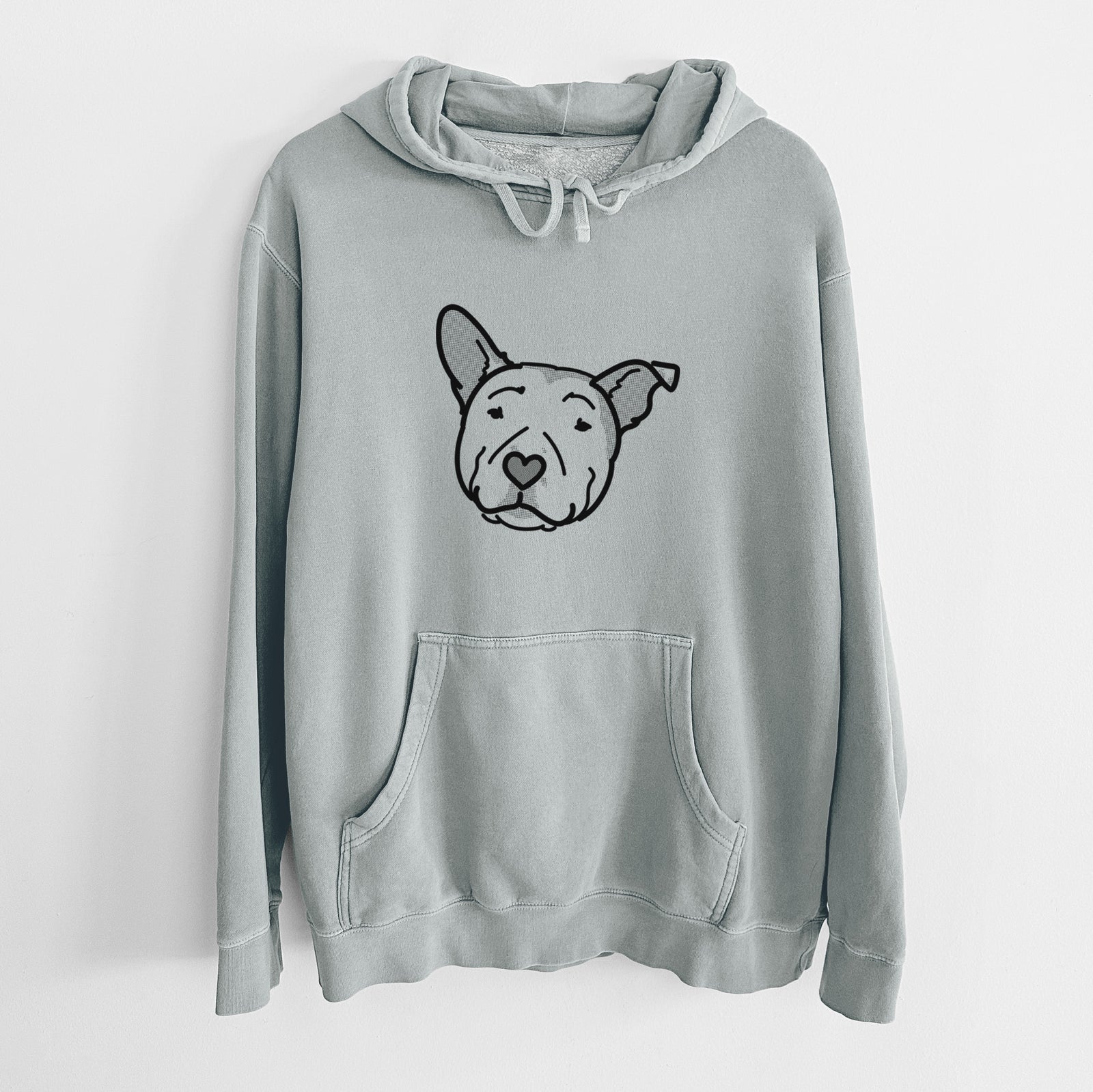 Minimalist line drawing of Archer the Pitbull on a Sage Unisex pigment dyed hoodie