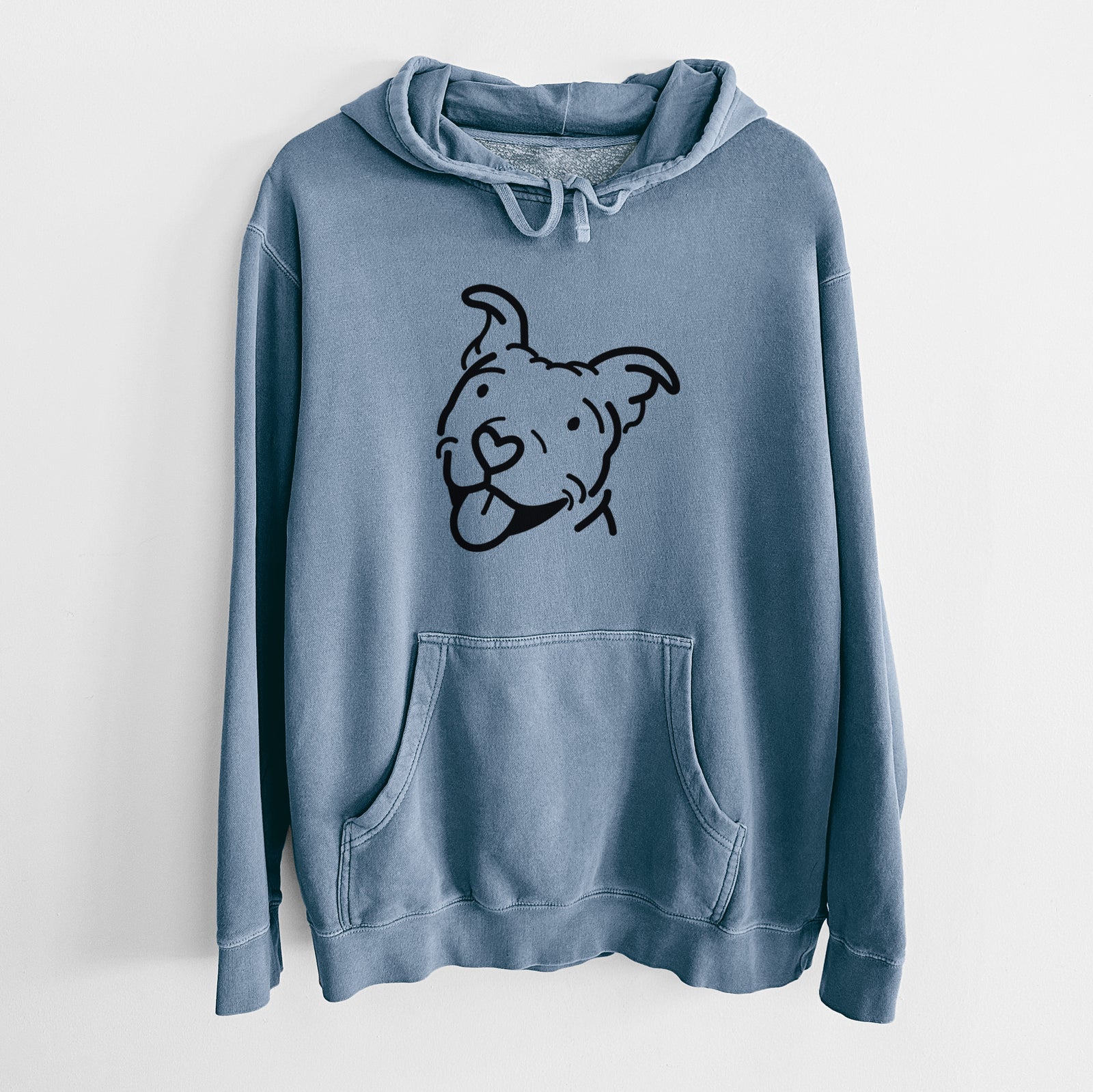 Minimalist line drawing of Arlo the Pitbull on a Slate Blue Unisex pigment dyed hoodie