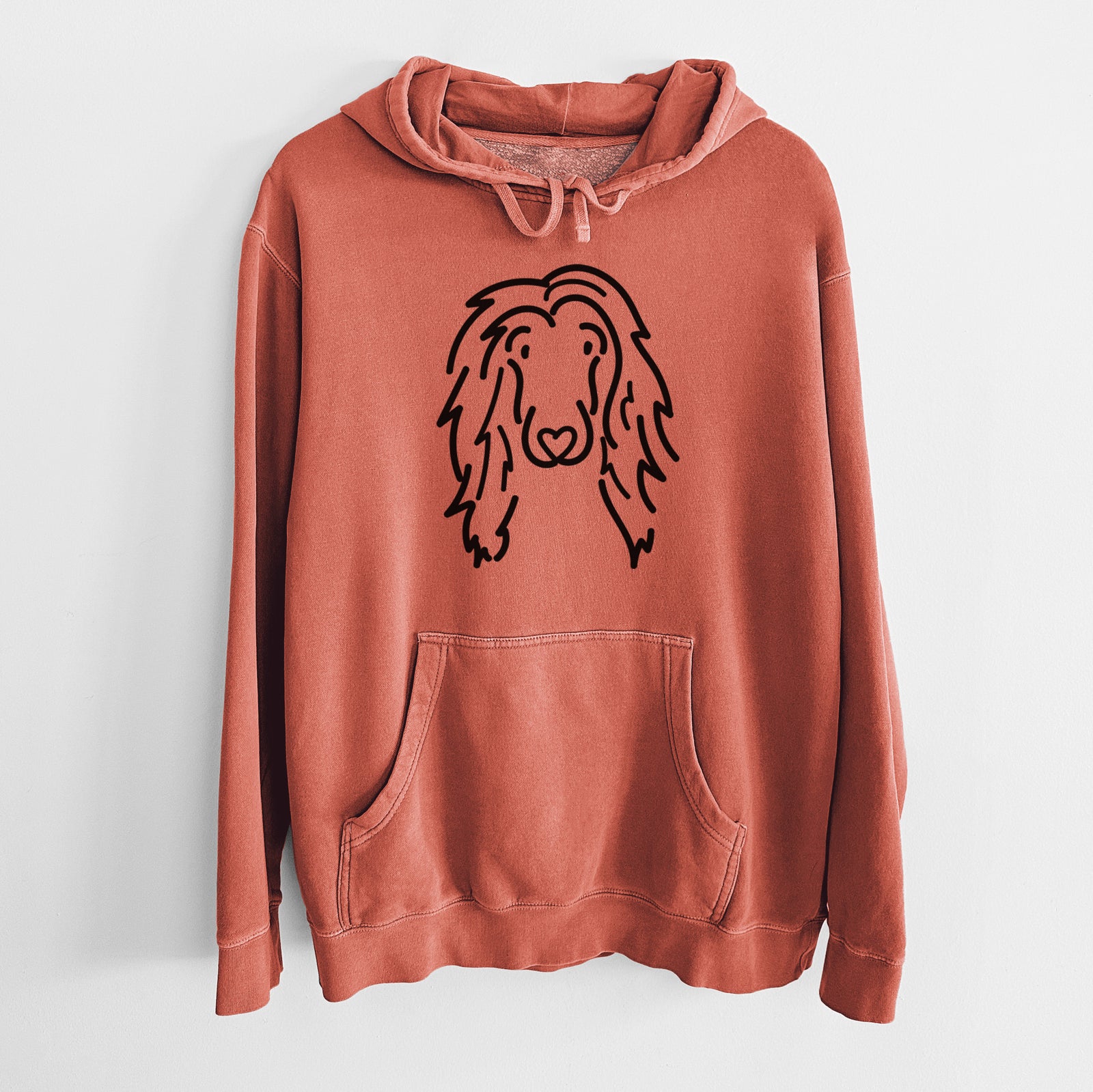 Minimalist line drawing of Asher the Afghan Hound on an Amber Unisex pigment dyed hoodie