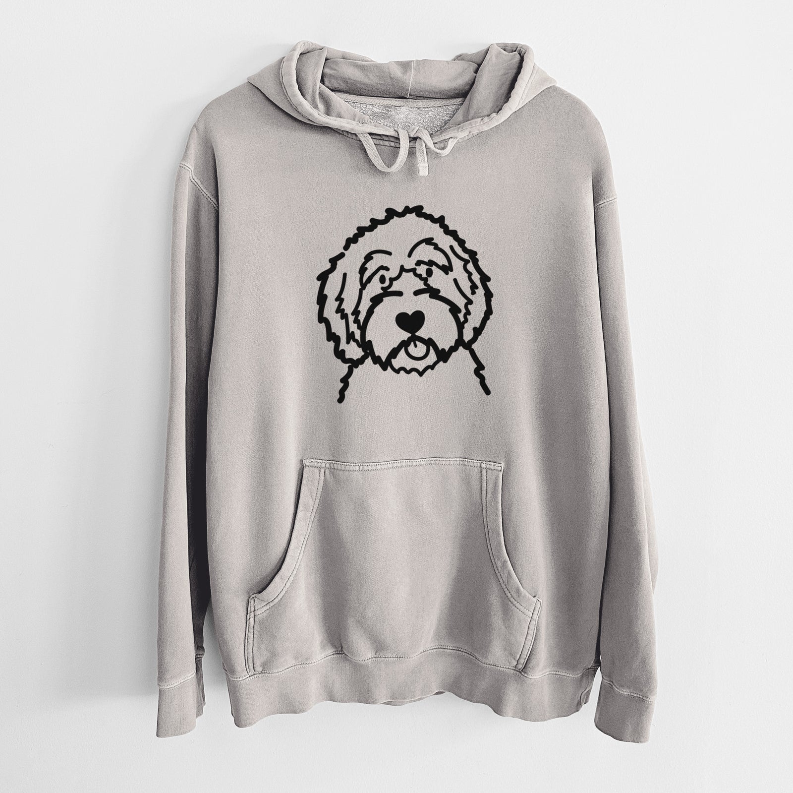 Minimalist line drawing of an Aussiedoodle on a Cement Unisex pigment dyed hoodie