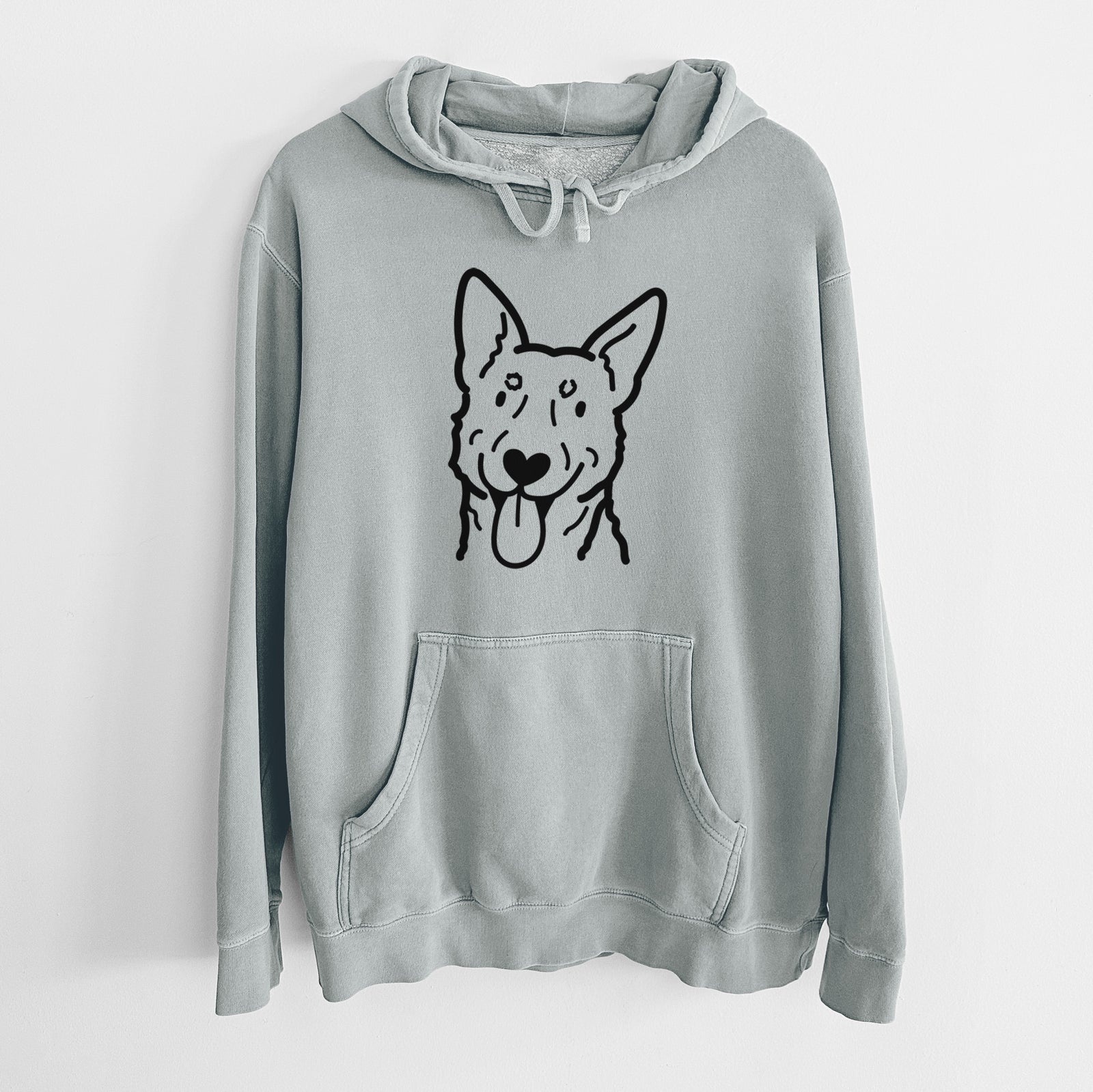 Minimalist line drawing of an Australian Cattle Dog on a Sage Unisex pigment dyed hoodie