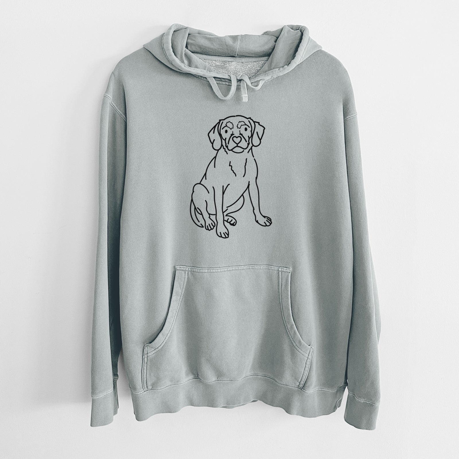 Minimalist line drawing of Babs the Puggle on a Sage Unisex pigment dyed hoodie