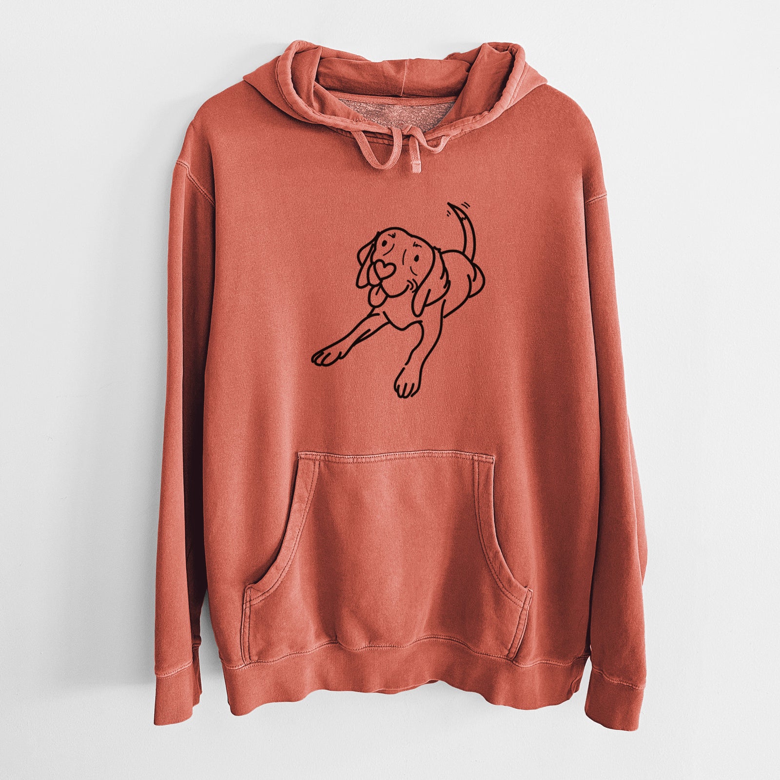 Minimalist line drawing of Bagel the Beagle on an Amber Unisex pigment dyed hoodie