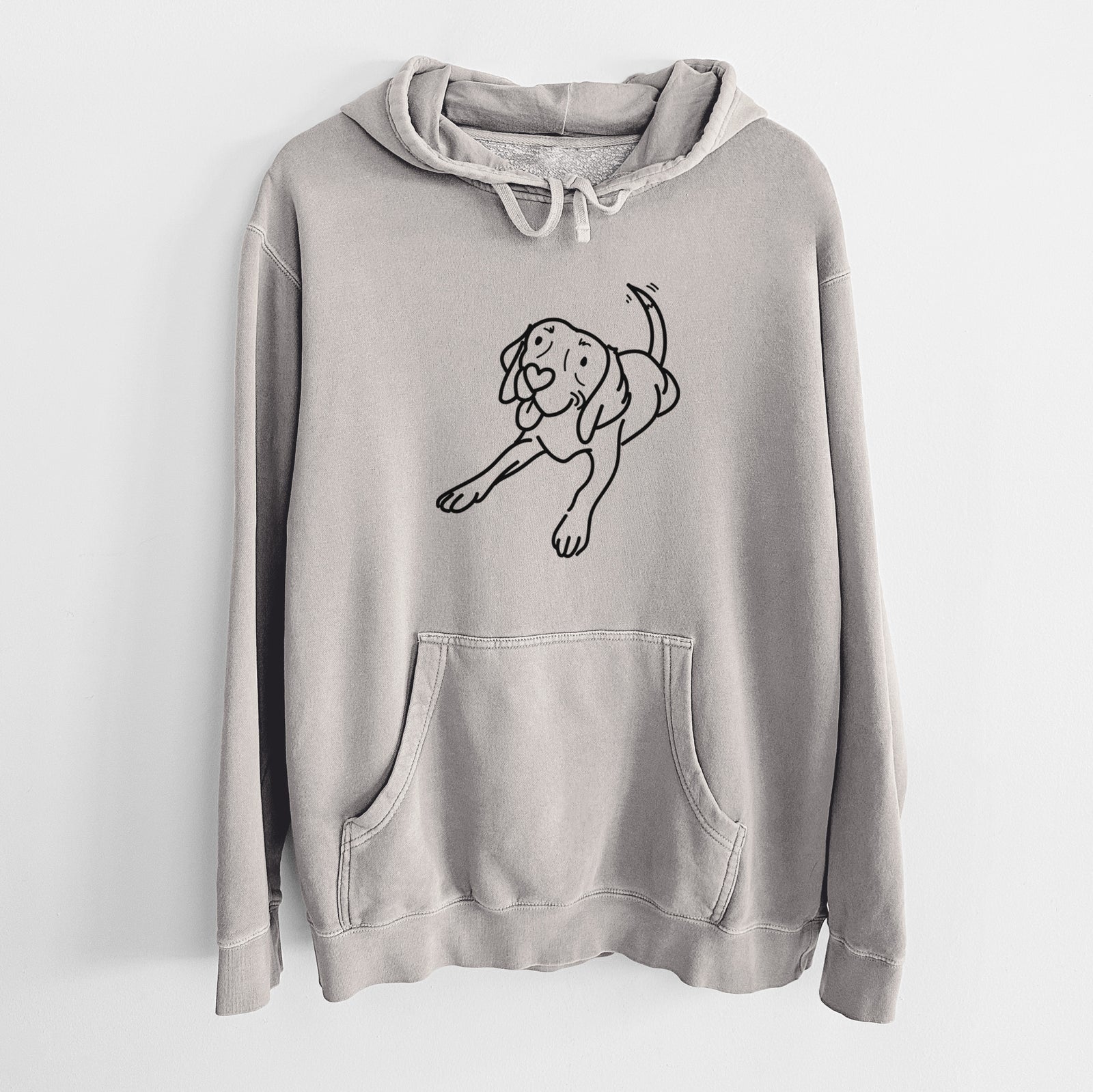 Minimalist line drawing of Bagel the Beagle on a Cement Unisex pigment dyed hoodie