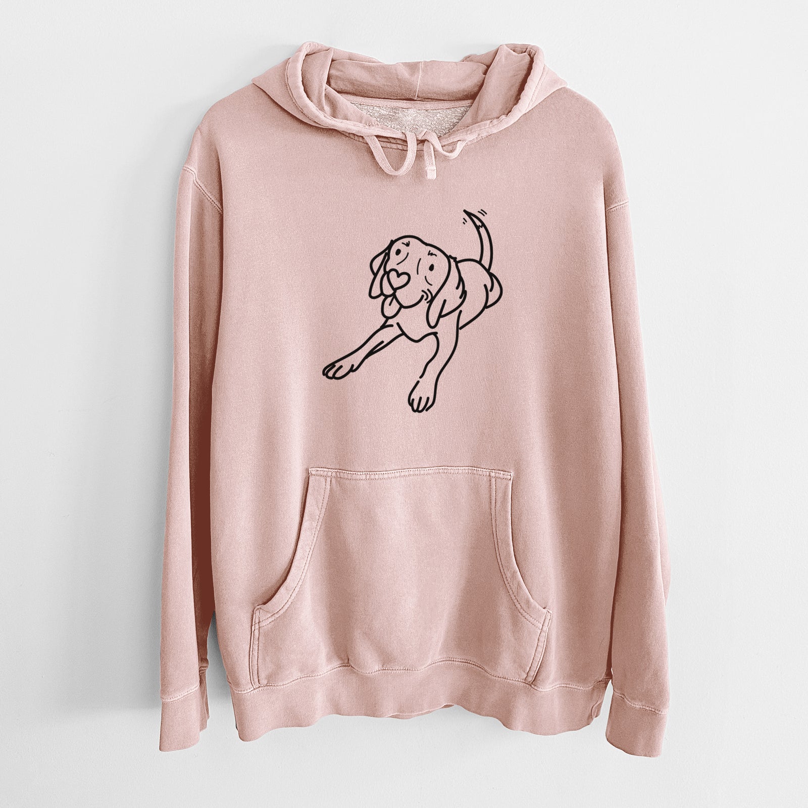 Minimalist line drawing of Bagel the Beagle on a Dusty Pink Unisex pigment dyed hoodie