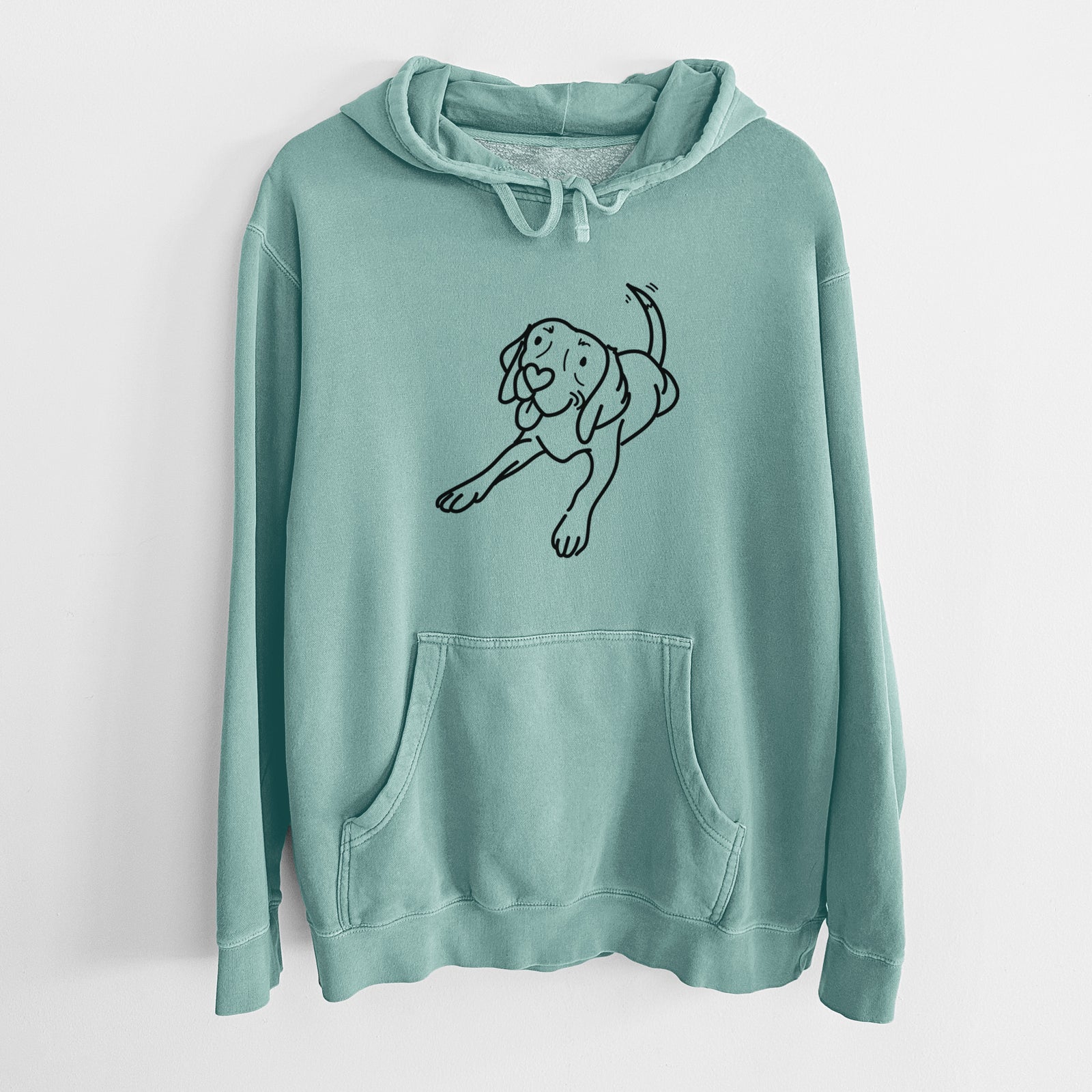 Minimalist line drawing of Bagel the Beagle on a Mint Unisex pigment dyed hoodie