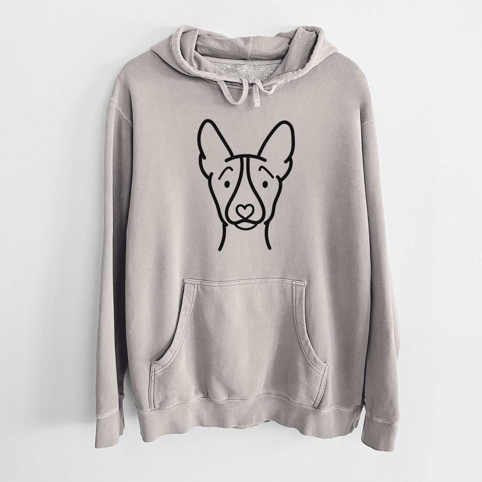 Minimalist line drawing of a Basenji on a Cement Unisex pigment dyed hoodie