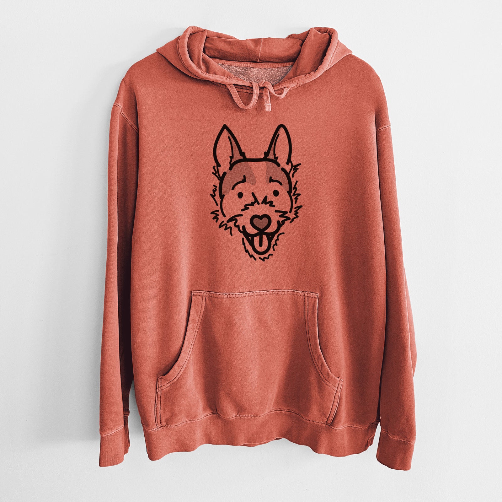 Minimalist line drawing of Baxter the Jack Russell Terrier on an Amber Unisex pigment dyed hoodie
