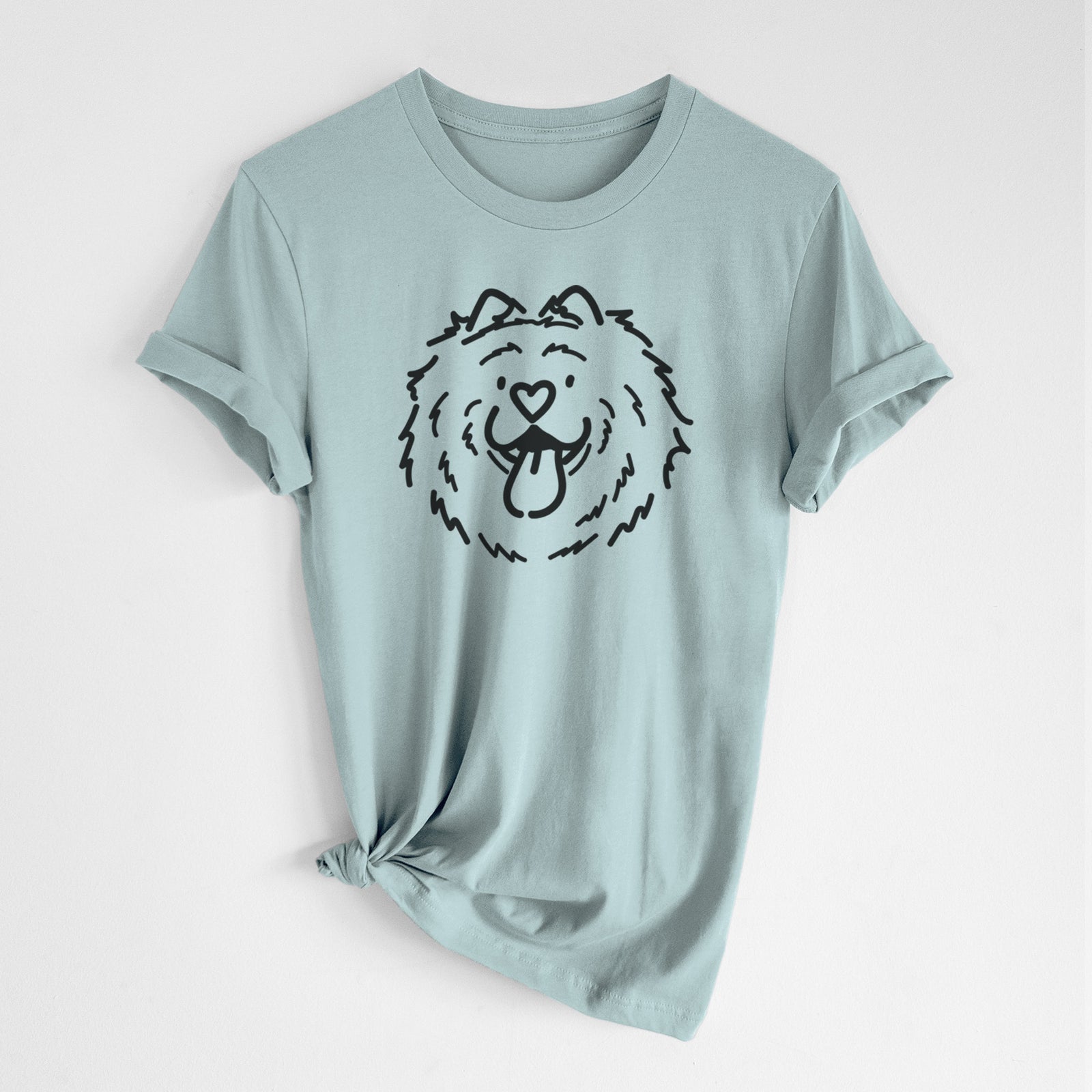 Minimalist line drawing of Bear the Chow Chow on a Dusty Blue Unisex crewneck, worn by a woman