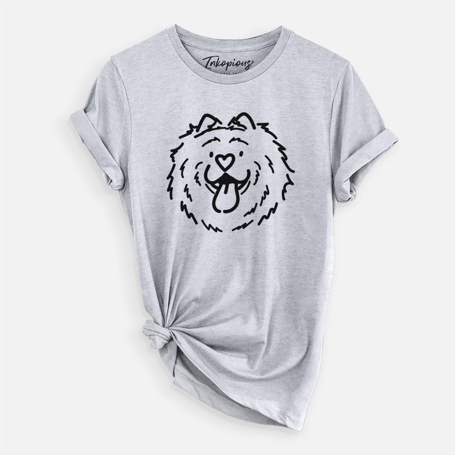 Minimalist line drawing of Bear the Chow Chow on a Grey Unisex crewneck, worn by a woman