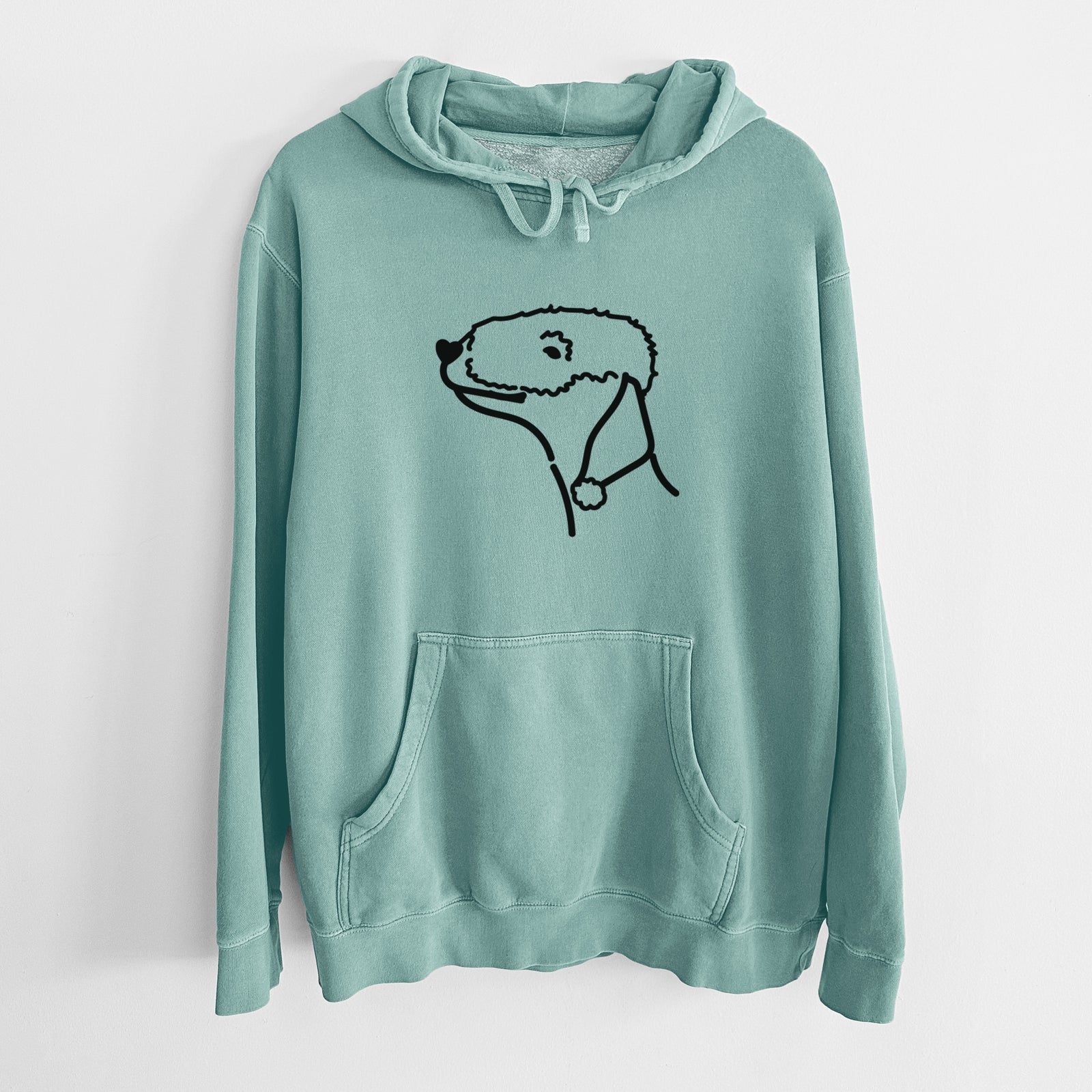 Minimalist line drawing of a Bedlington Terrier on a Mint Unisex pigment dyed hoodie