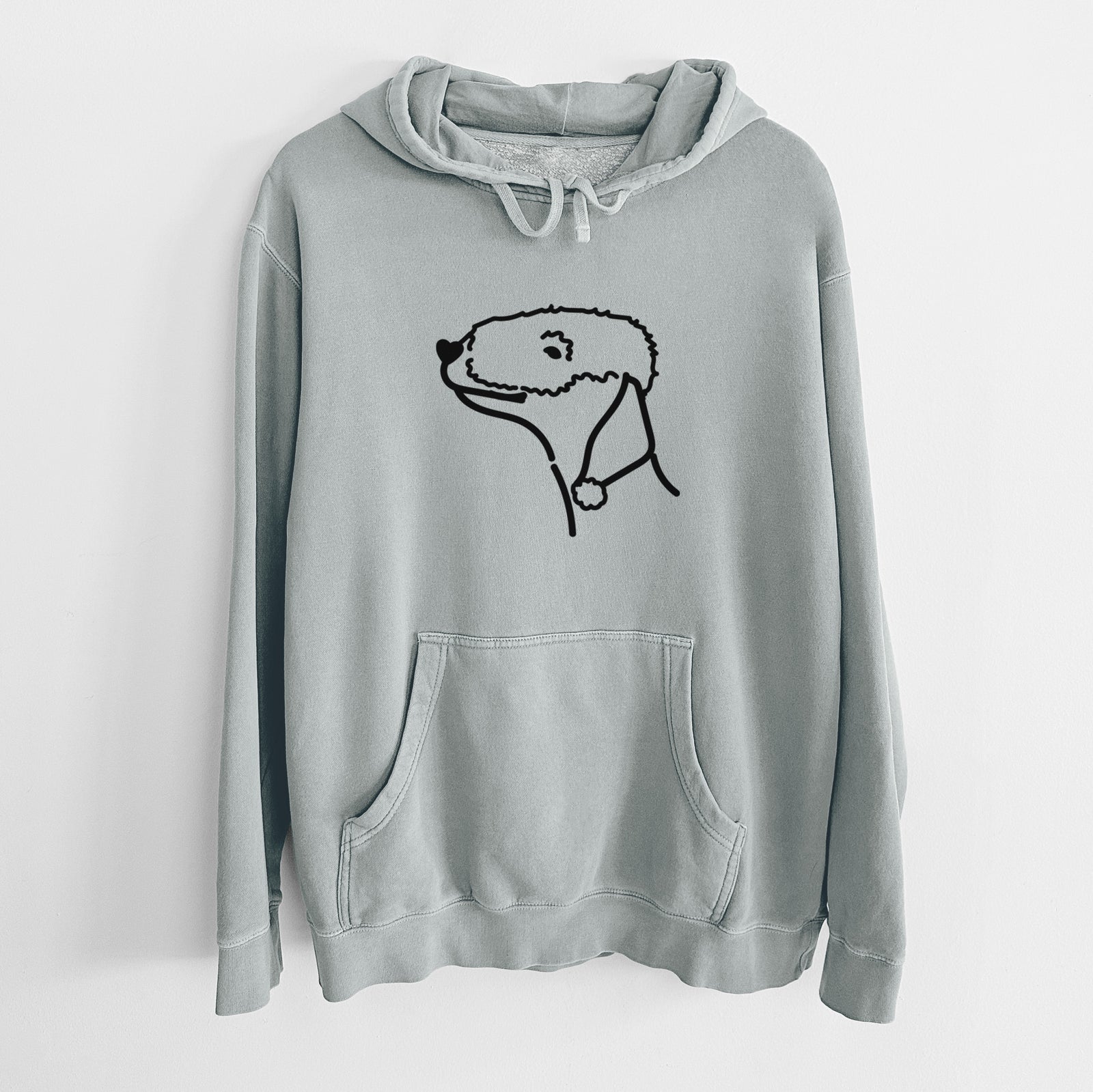 Minimalist line drawing of a Bedlington Terrier on a Sage Unisex pigment dyed hoodie