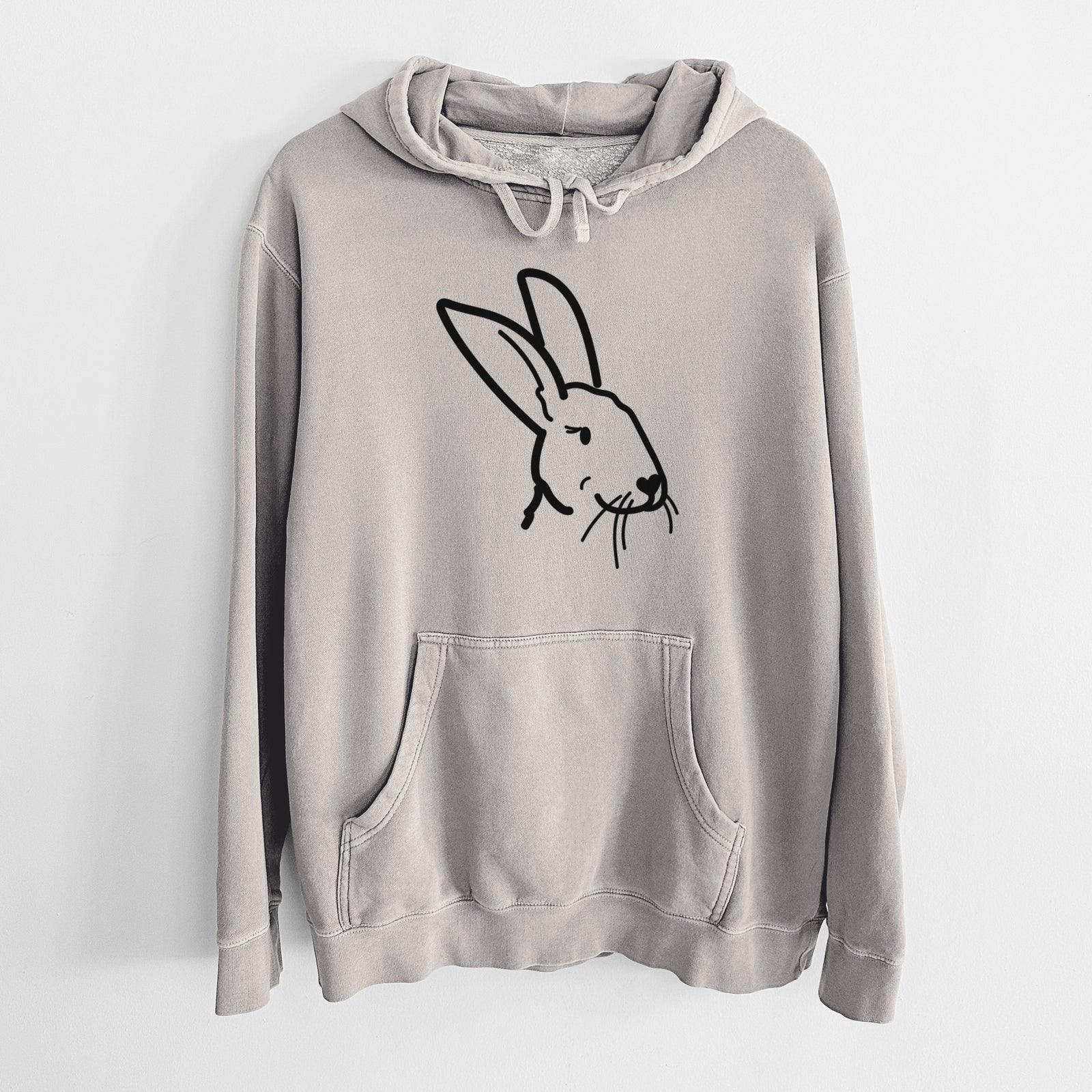 Minimalist line drawing of Betsy the Rex Rabbit on a Cement Unisex pigment dyed hoodie