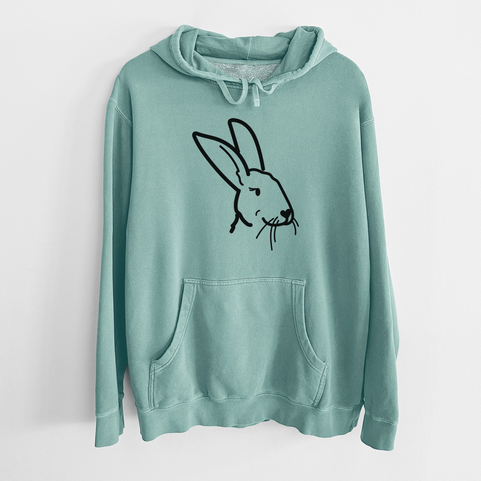 Minimalist line drawing of Betsy the Rex Rabbit on a Mint Unisex pigment dyed hoodie