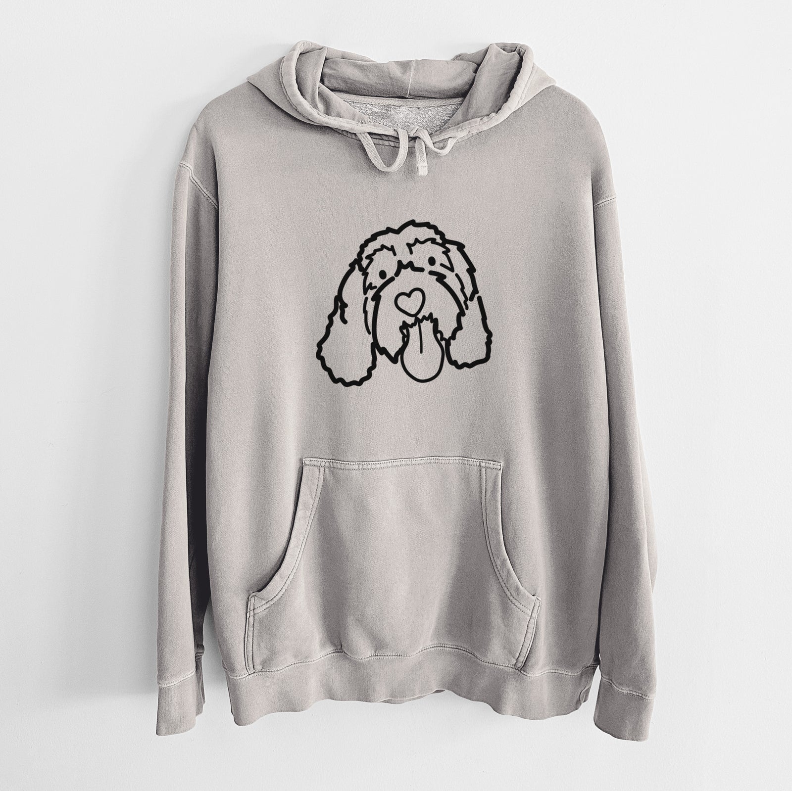 Minimalist line drawing of Bo the Portguese Water Dog on a Cement Unisex pigment dyed hoodie