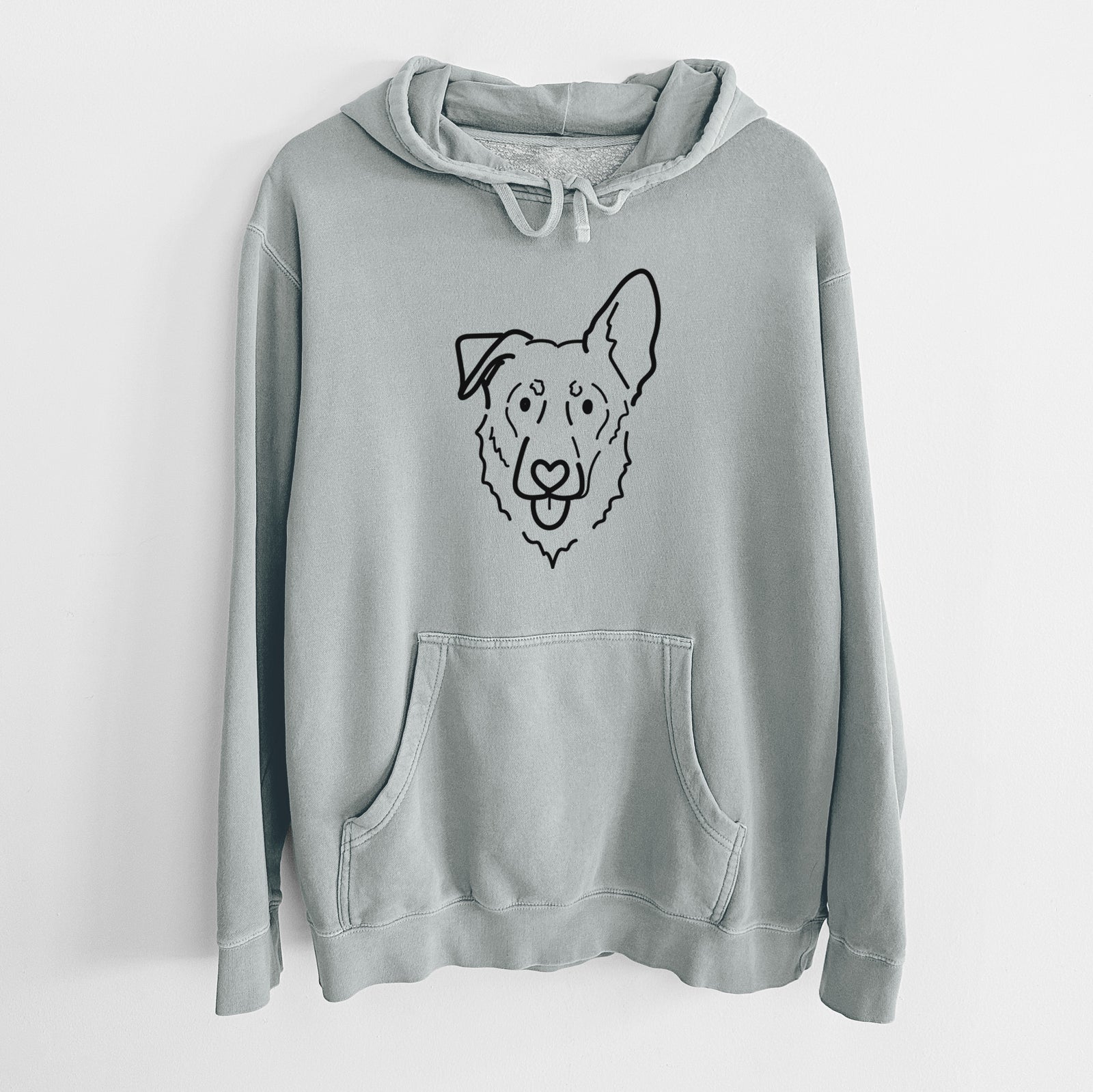 Minimalist line drawing of Bodhi the Shepherd Mix on a Sage Unisex pigment dyed hoodie