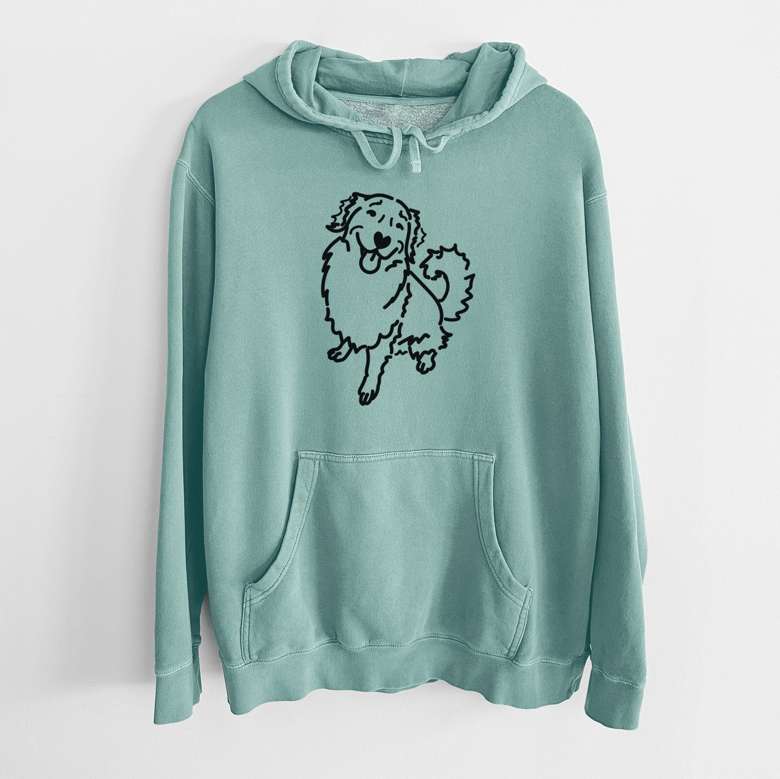 Minimalist line drawing of Brinkley the Golden Retriever on a Mint Unisex pigment dyed hoodie