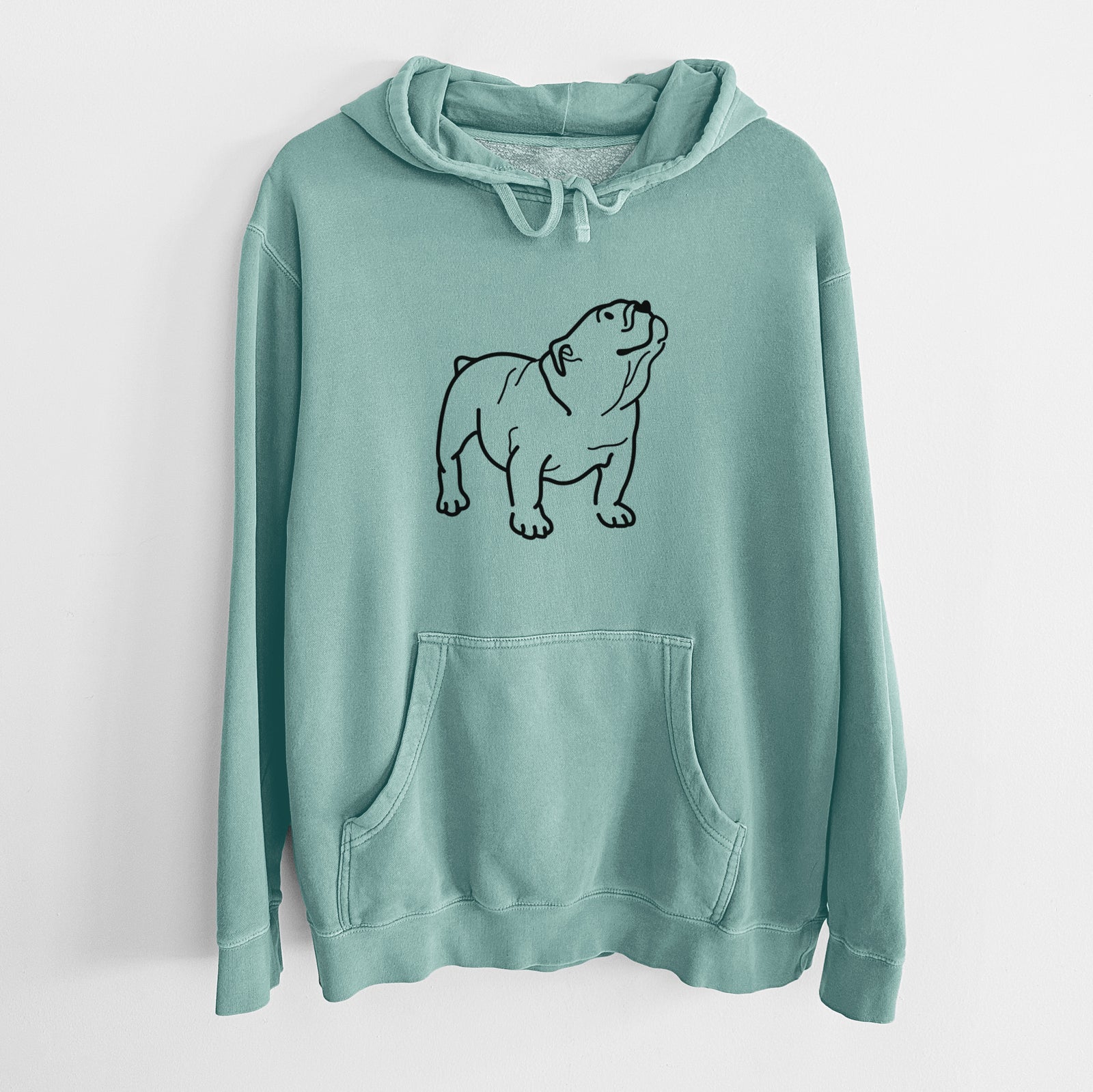 Minimalist line drawing of Bruno the English Bulldog on a Mint Unisex pigment dyed hoodie