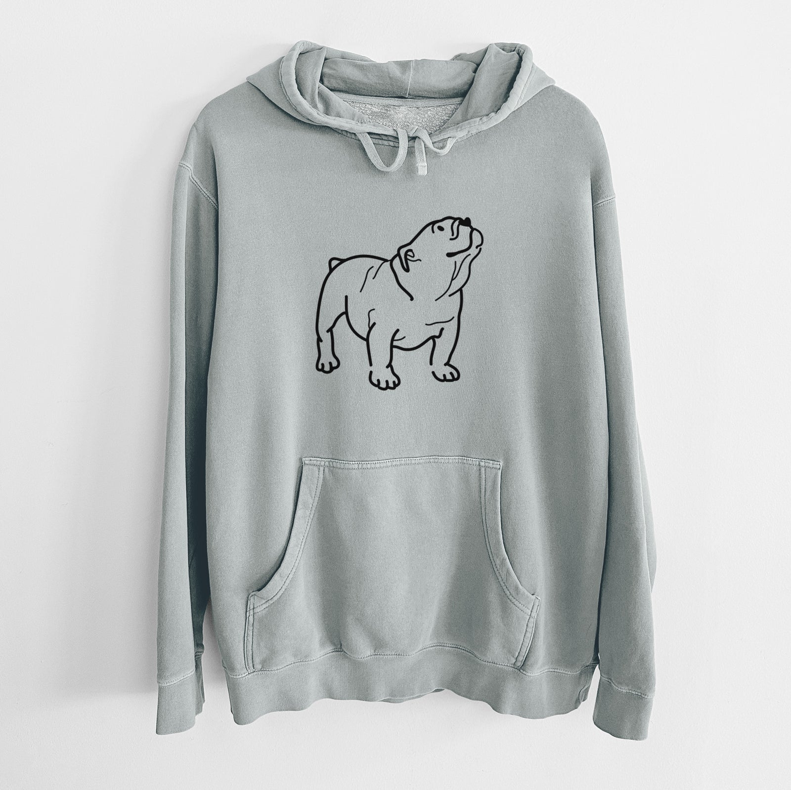 Minimalist line drawing of Bruno the English Bulldog on a Sage Unisex pigment dyed hoodie