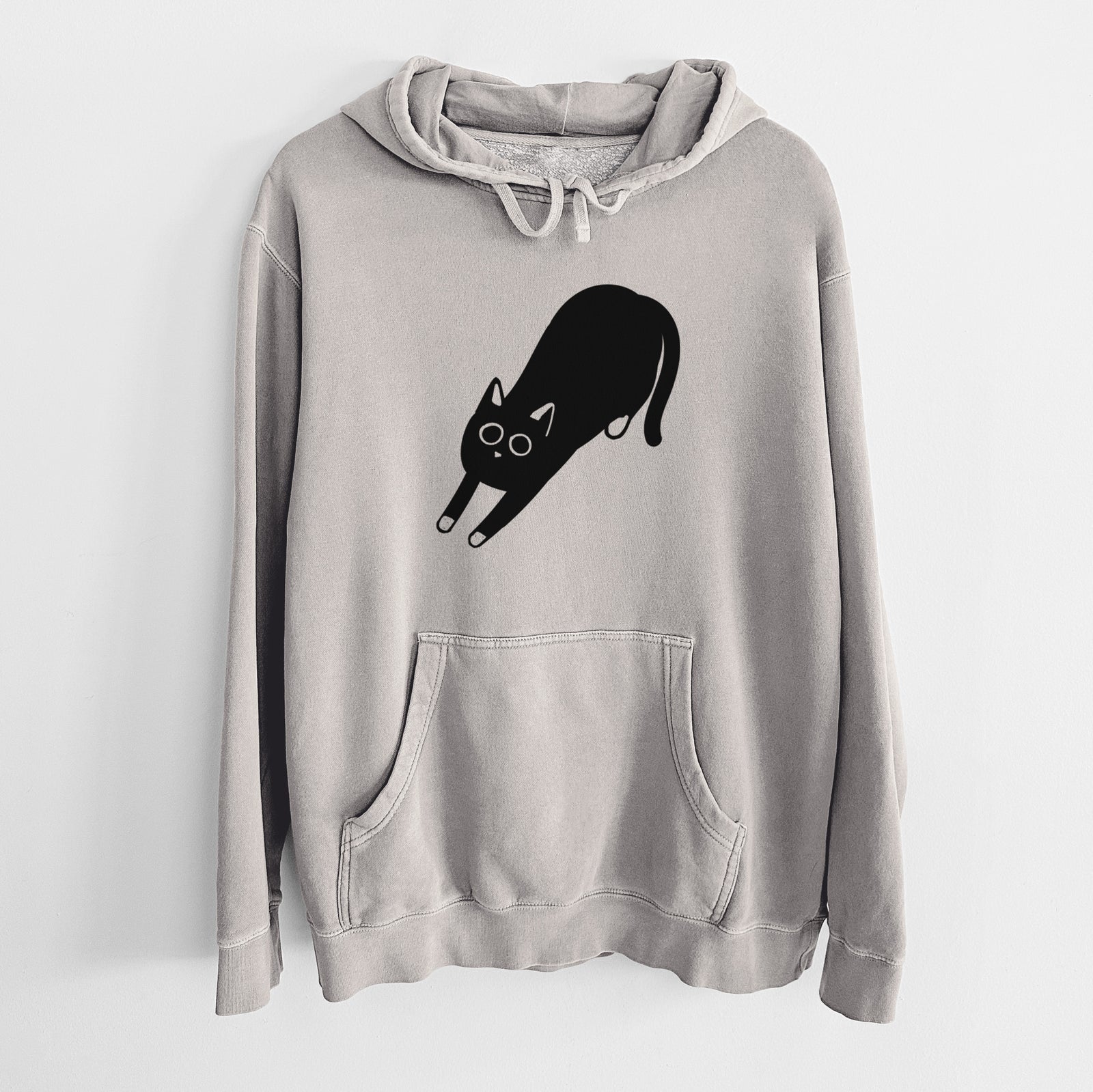 Minimalist line drawing of Bug the Black Cat on a Cement Unisex pigment dyed hoodie