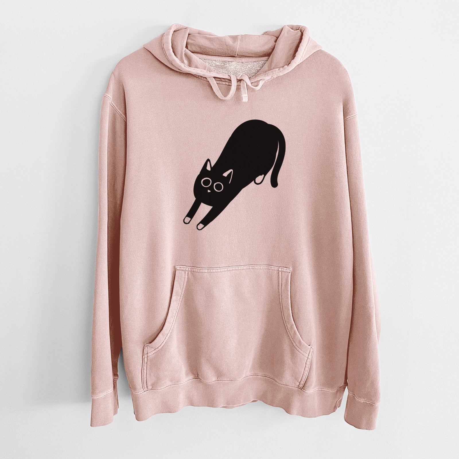 Minimalist line drawing of Bug the Black Cat on a Dusty Pink Unisex pigment dyed hoodie