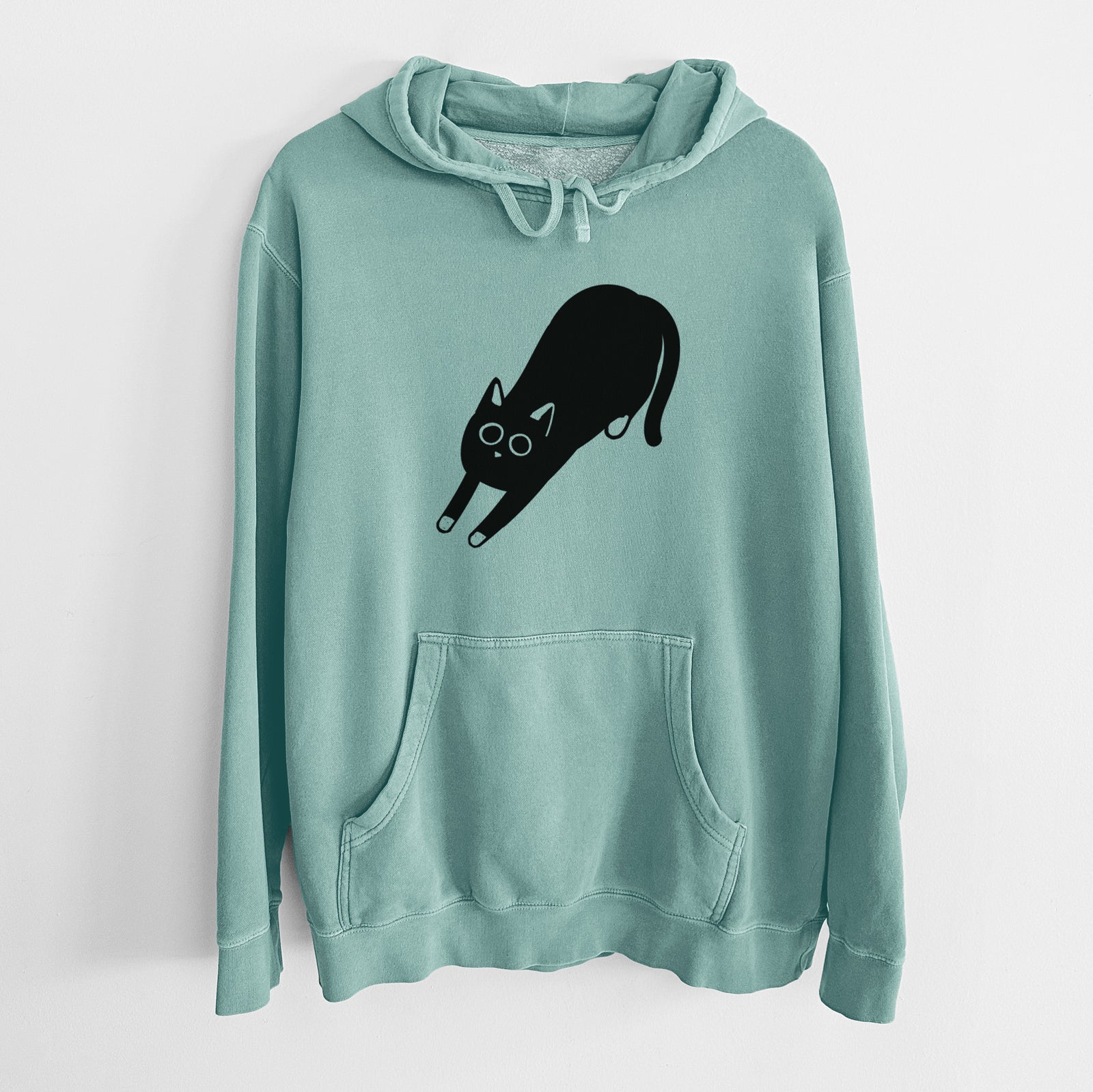 Minimalist line drawing of Bug the Black Cat on a Mint Unisex pigment dyed hoodie