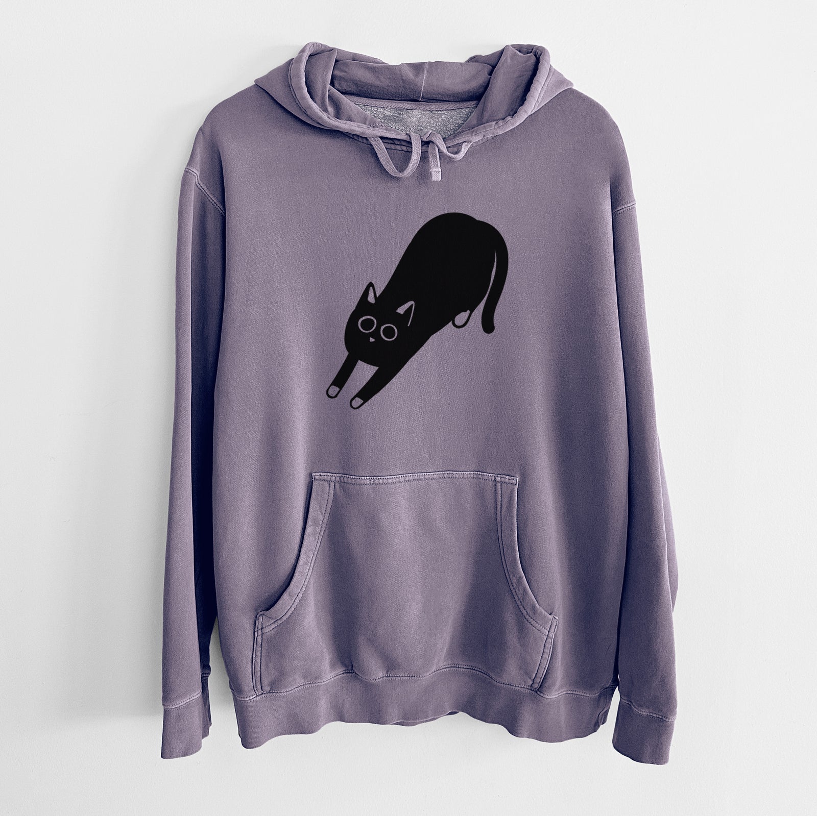 Minimalist line drawing of Bug the Black Cat on a Plum Unisex pigment dyed hoodie
