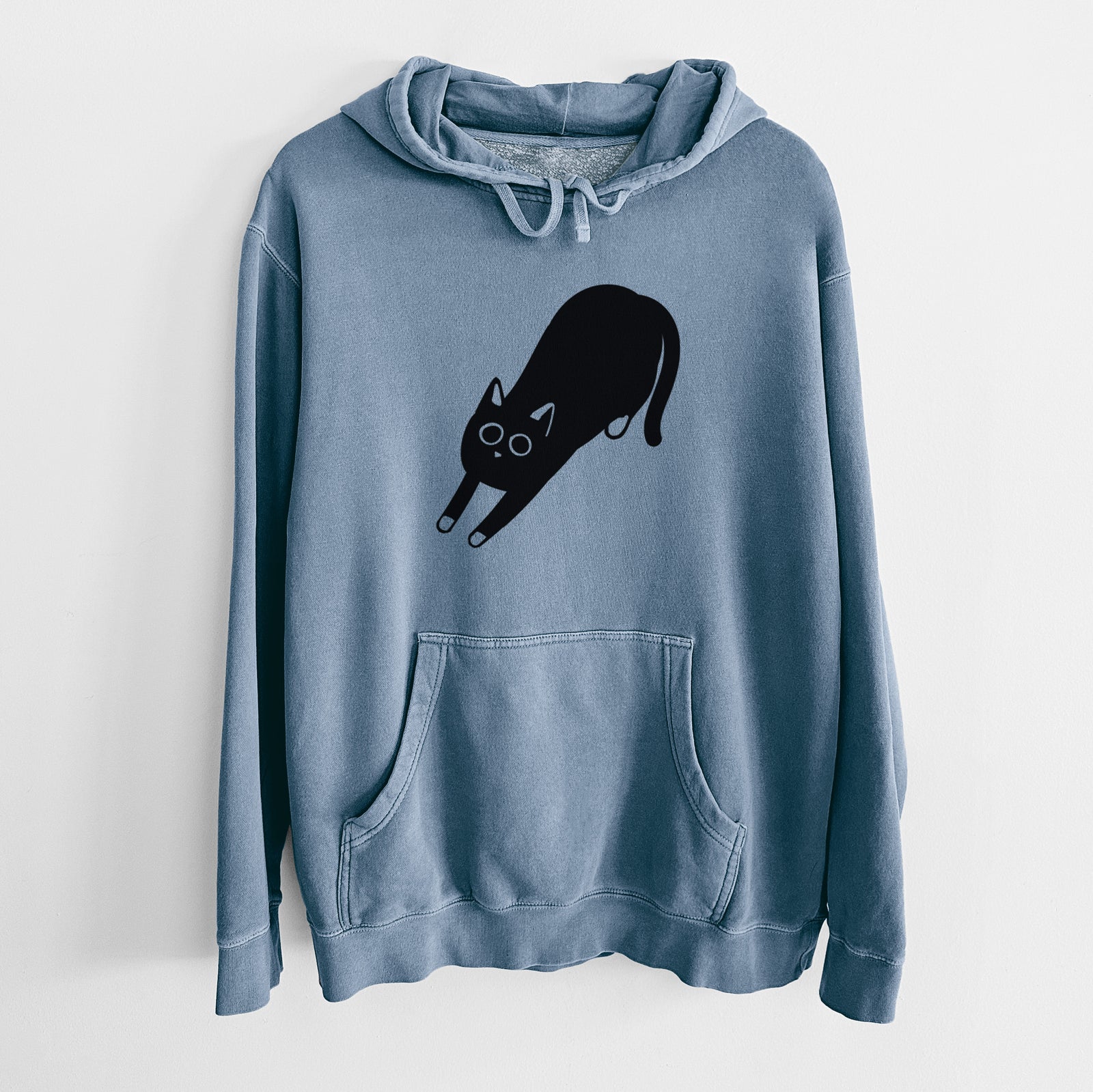 Minimalist line drawing of Bug the Black Cat on a Slate Blue Unisex pigment dyed hoodie