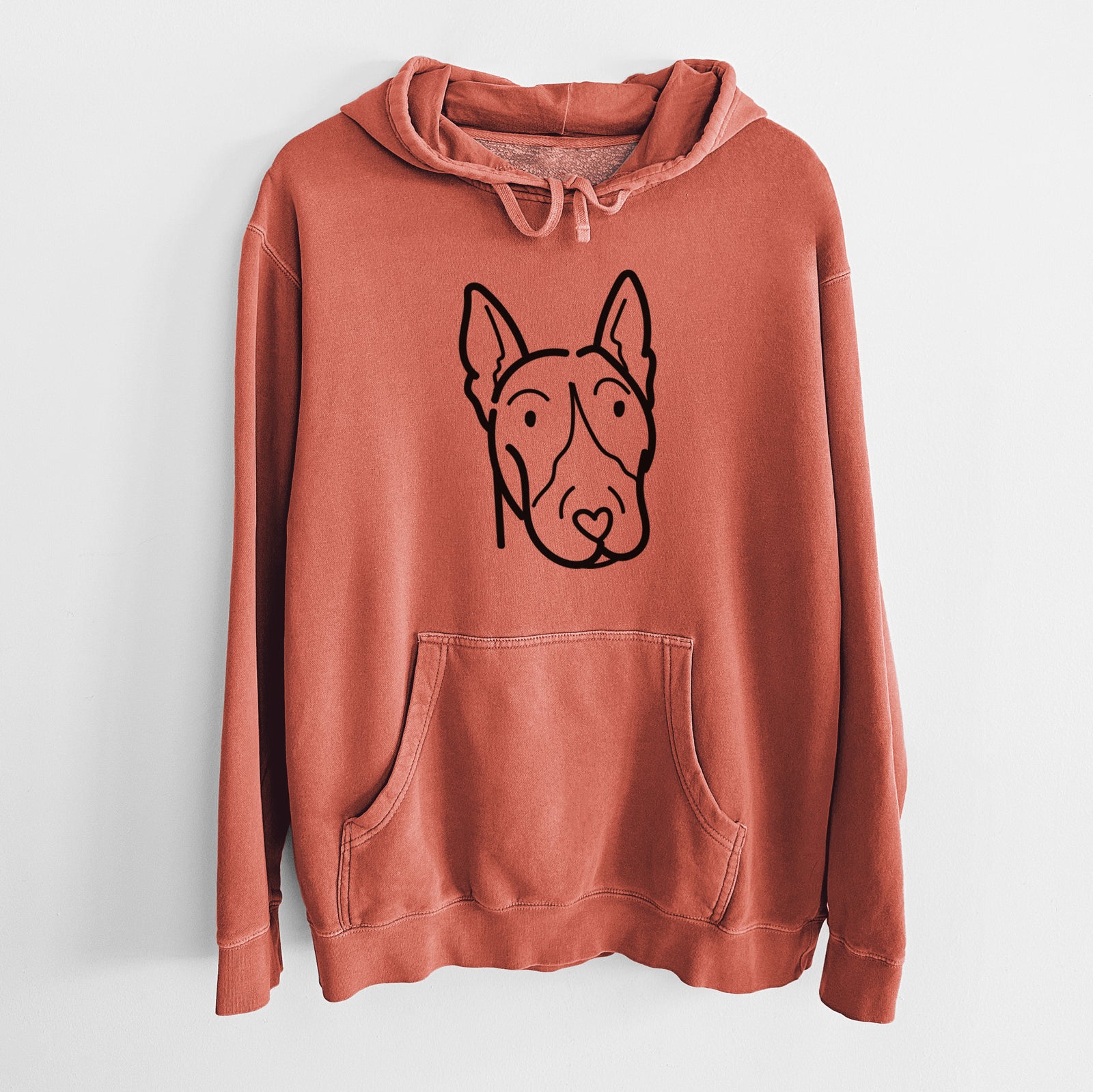 Minimalist line drawing of a Bull Terrier on an Amber Unisex pigment dyed hoodie