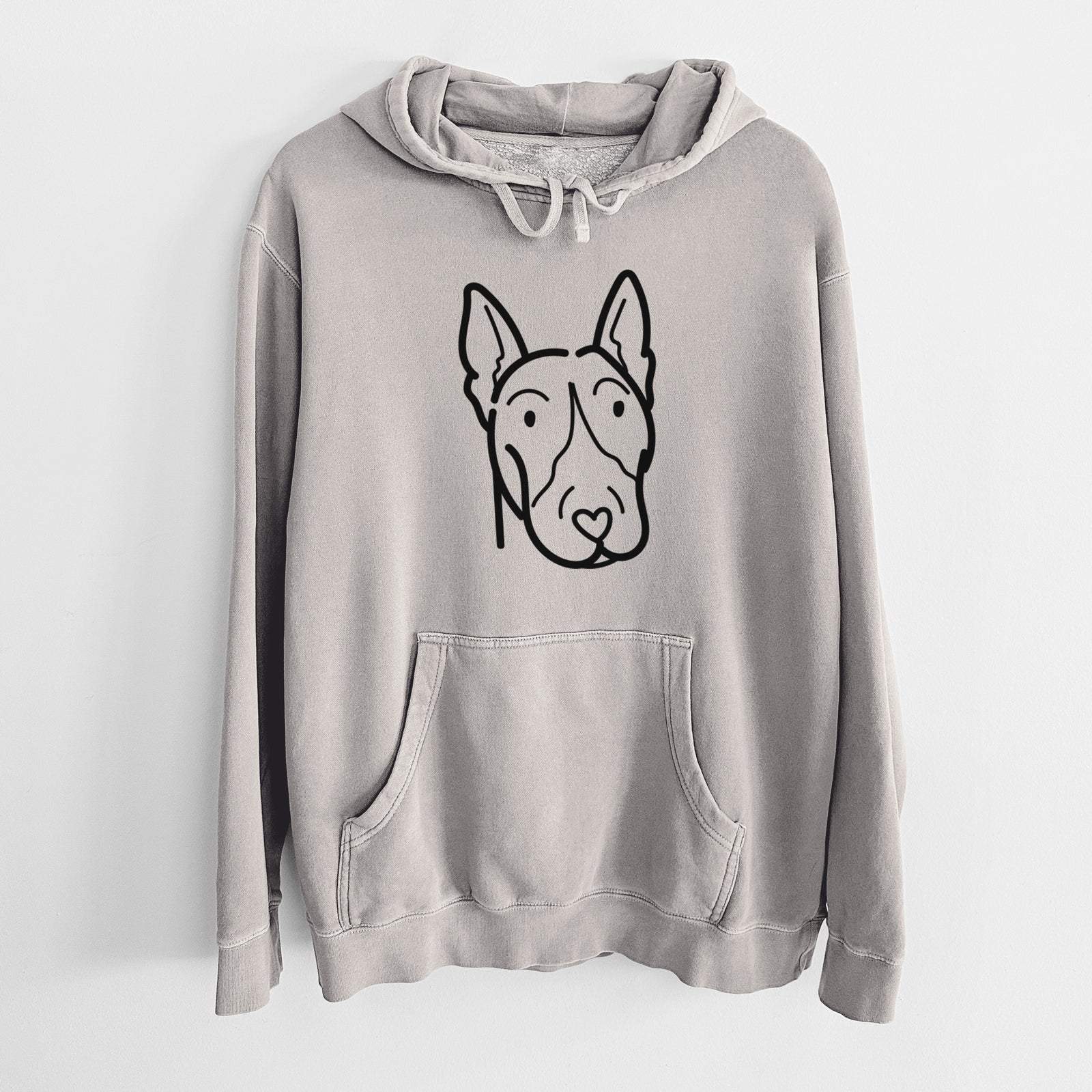 Minimalist line drawing of a Bull Terrier on a Cement Unisex pigment dyed hoodie