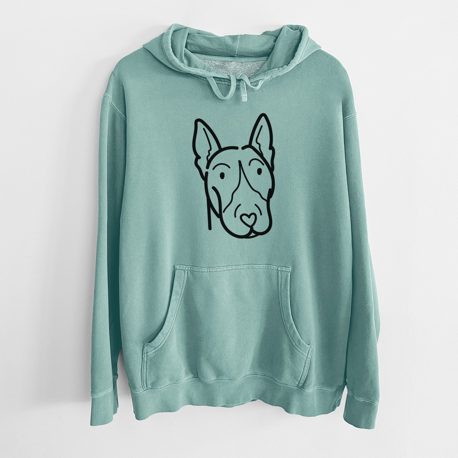 Minimalist line drawing of a Bull Terrier on a Mint Unisex pigment dyed hoodie