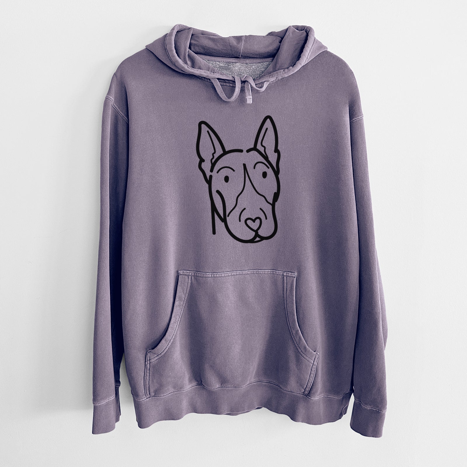 Minimalist line drawing of a Bull Terrier on a Plum Unisex pigment dyed hoodie