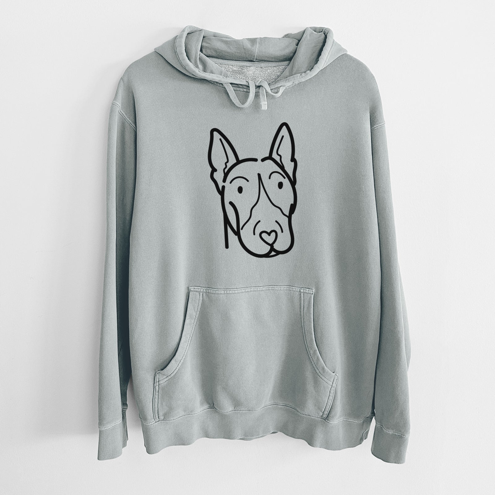 Minimalist line drawing of a Bull Terrier on a Sage Unisex pigment dyed hoodie