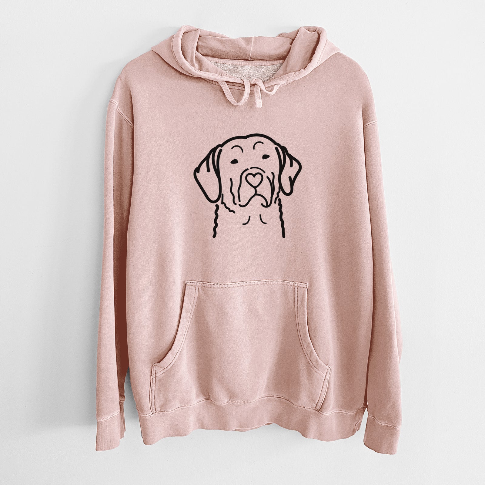 Minimalist line drawing of a Chesapeake Bay Retriever on a Dusty Pink Unisex pigment dyed hoodie