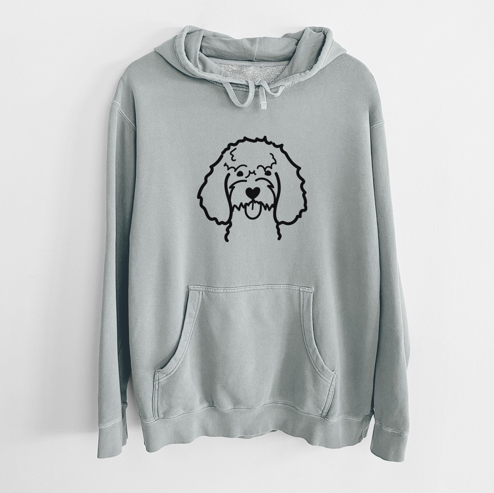 Minimalist line drawing of a Cockapoo on a Sage Unisex pigment dyed hoodie