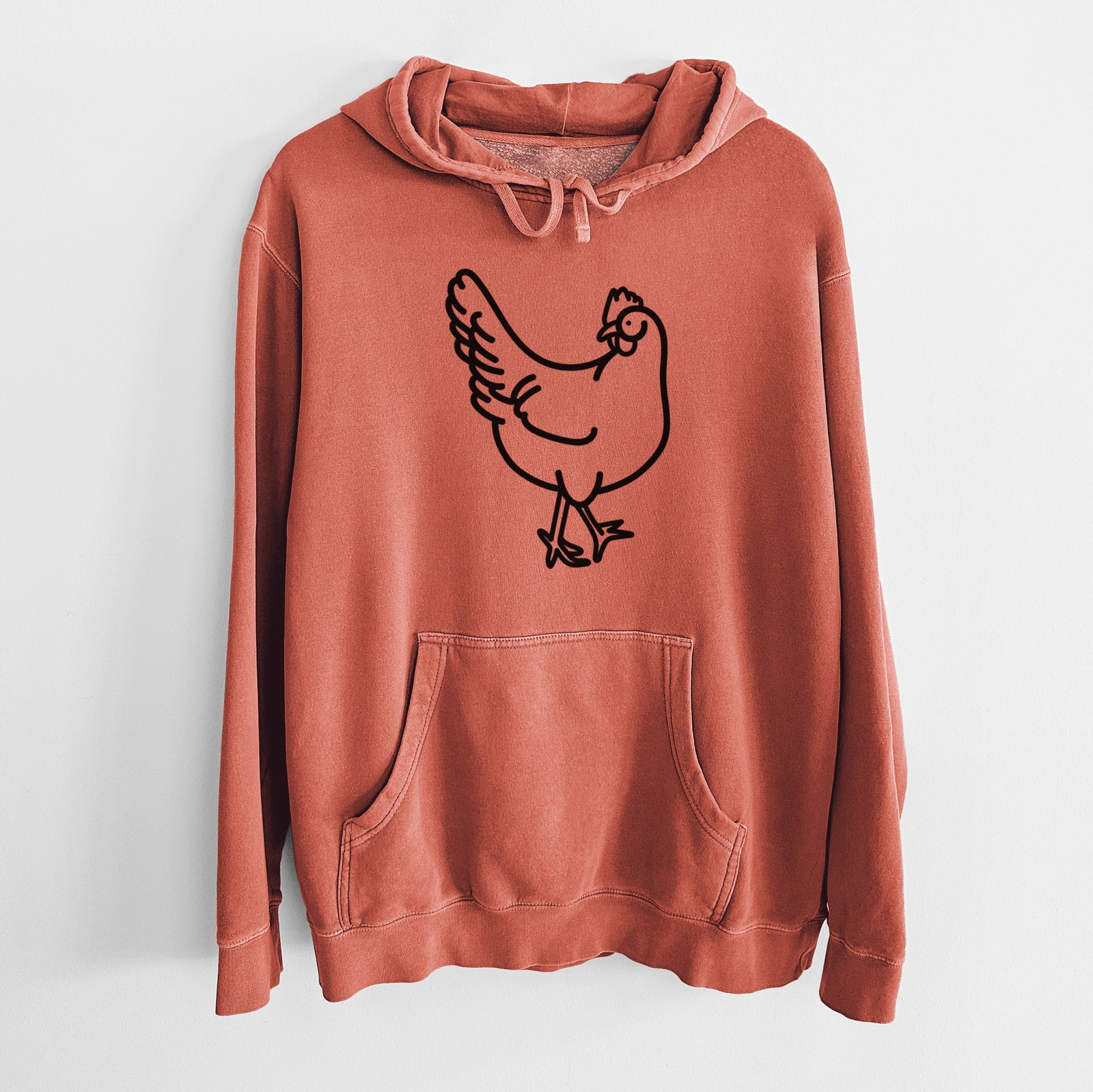 Minimalist line drawing of Daisy the Chicken on an Amber Unisex pigment dyed hoodie